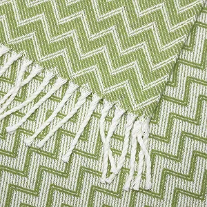 Одеяло Moon Luxury Смесь хлопка 150 x 200 см Плед узор зигзаг с бахромой Белый/Светло-зеленый synthetic.ua - Фото 1