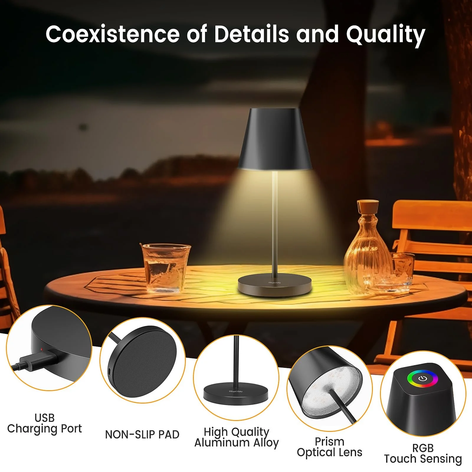 Настільна лампа Quntis LED бездротова акумуляторна Touch 3000 K - 5000 K + RGB USB IP44, фото №6