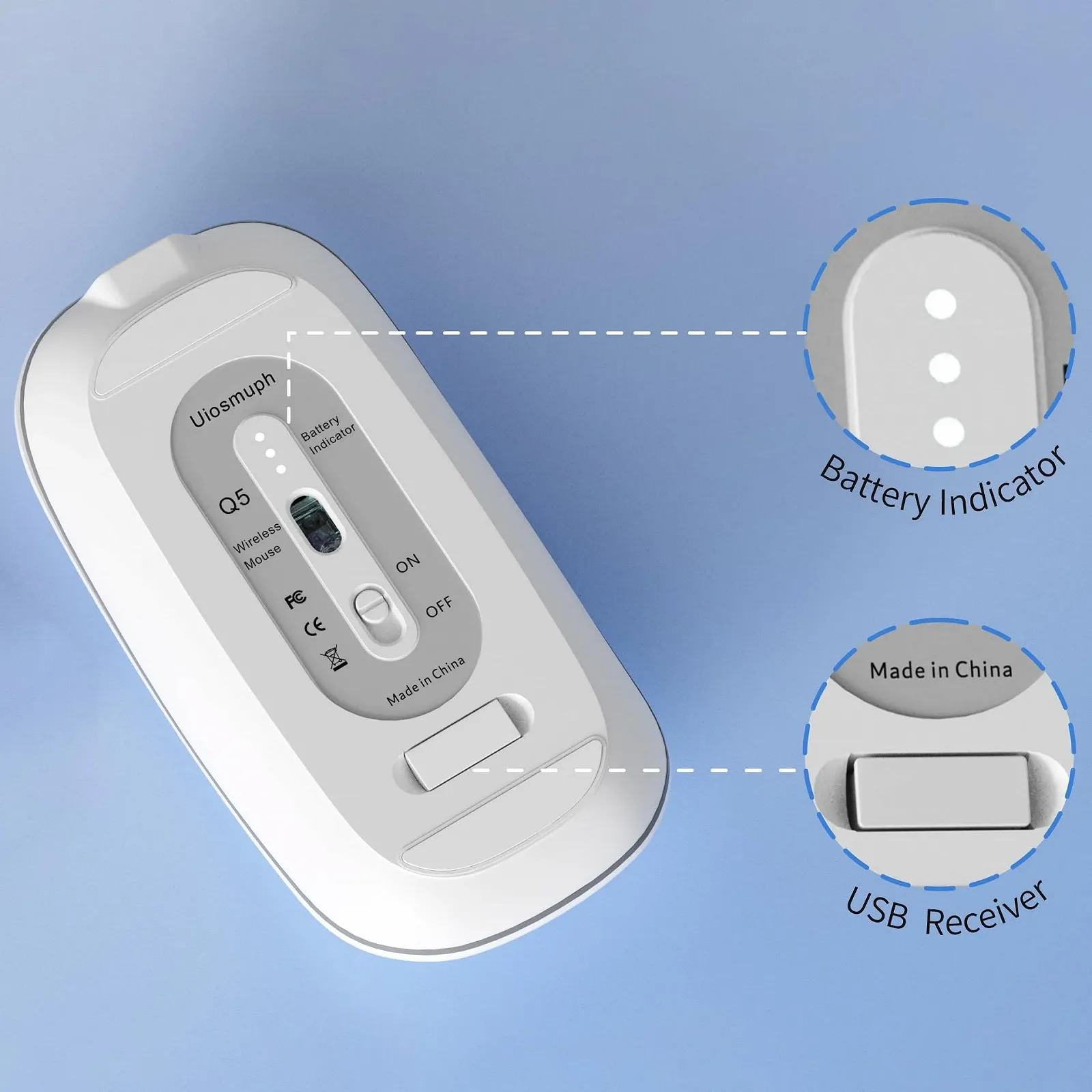 Мышь Беспроводная Uiosmuph Q5, 1600 DPI, Белый, фото №4