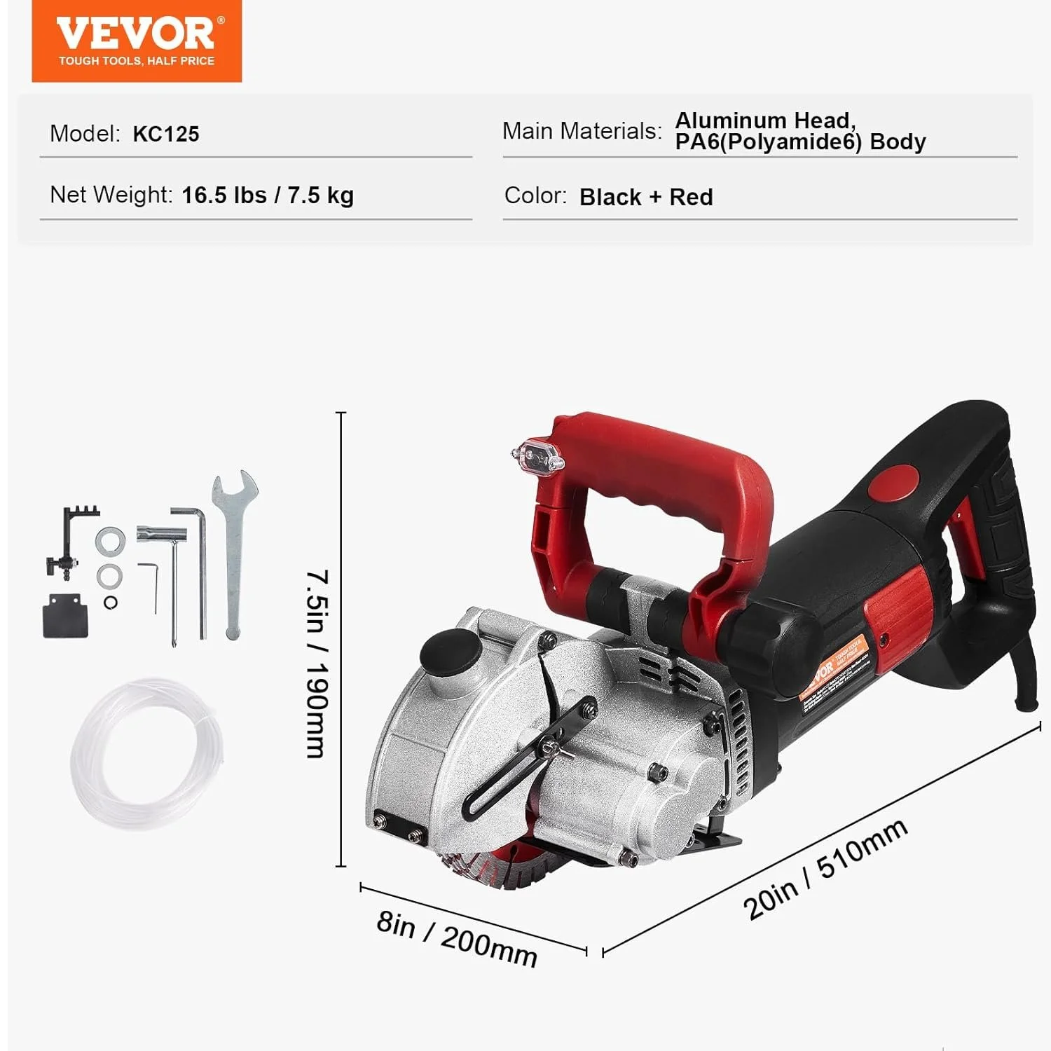 Електричний штроборіз VEVOR K1331 / 4800 Вт / 125 мм диск / 6500 об/хв / Червоний-чорний, фото №6