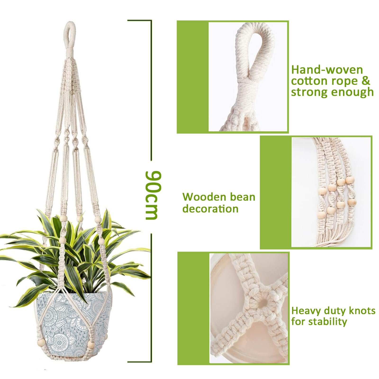 Підвіс макраме для рослин Бавовняна мотузка з дерев’яними намистинами та 2 гачками, фото №2