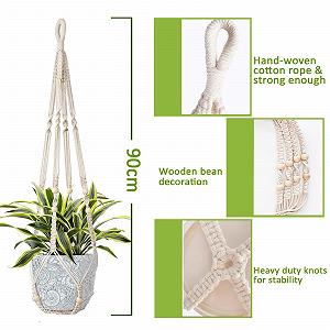 Підвіс макраме для рослин Бавовняна мотузка з дерев’яними намистинами та 2 гачками synthetic.ua - Фото 1