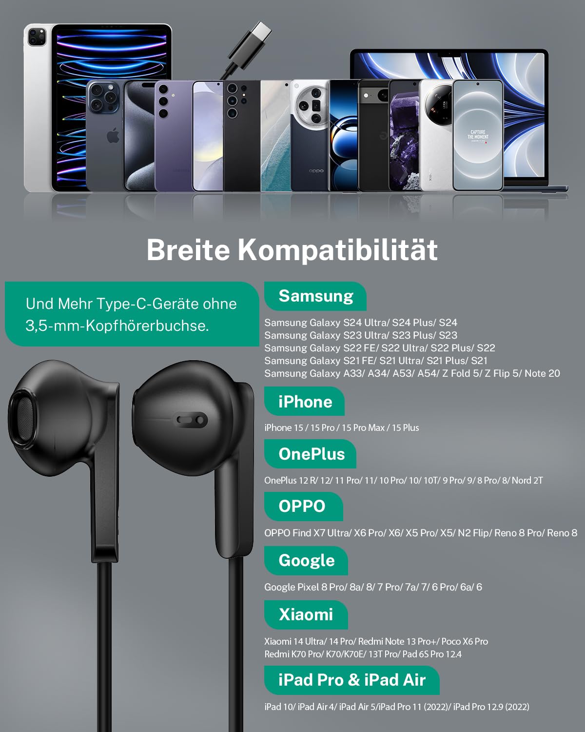Наушники USB C с кабелем HiFi Стерео Внутриканальные с микрофоном для iPhone 15 16 Pro Samsung Galaxy S24 S23 S22 Ultra S21 A55 A35 A53 A33 A54 5G Pixel 8 7a Xiaomi 14, фото №5