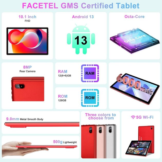 Планшет 10.1" FACETEL Q6 6+6/128 ГБ 4 ядра Android 13 6000 mAh Black-red, фото №2