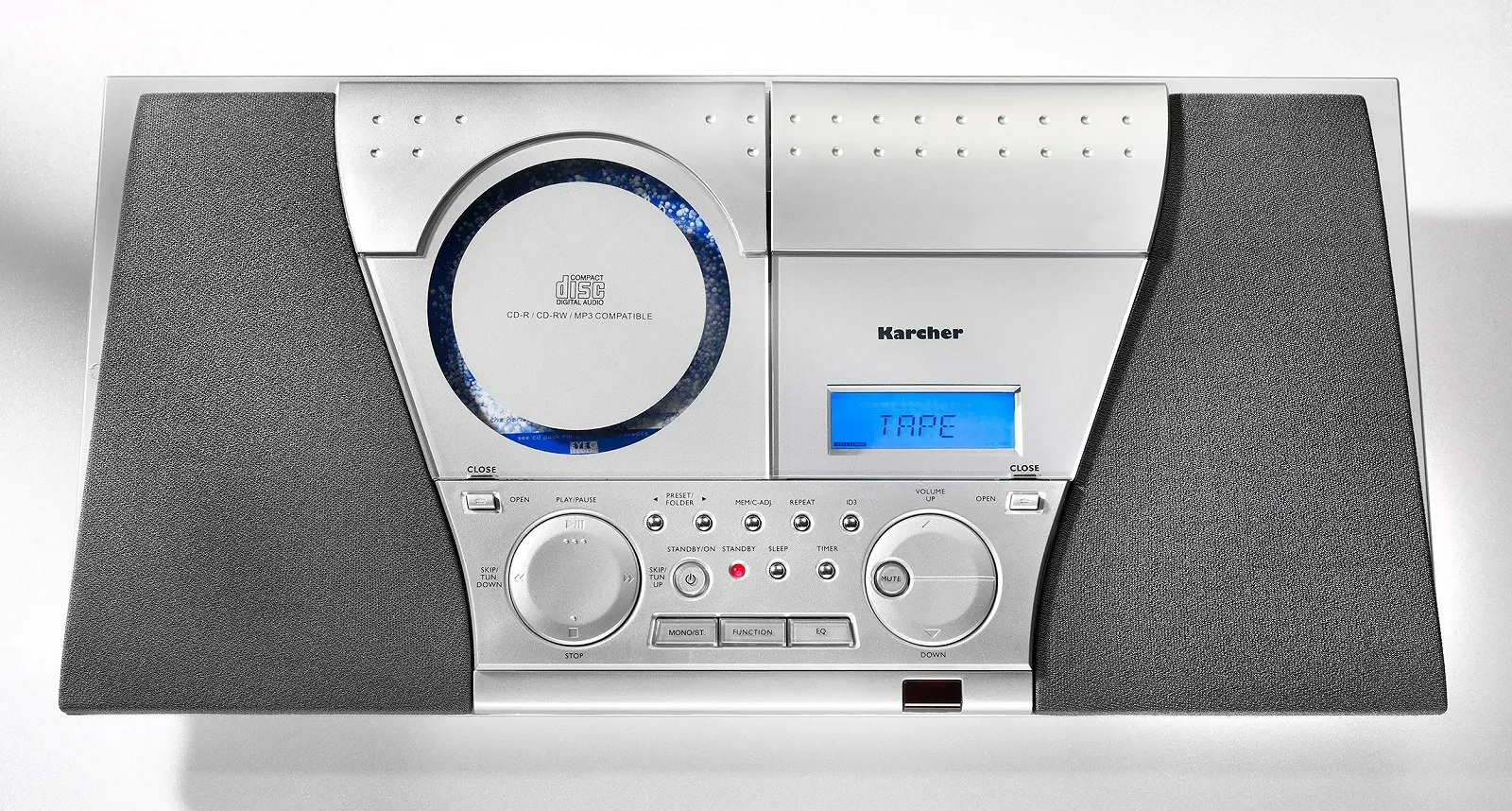 Музыкальный центр Karcher MC 6550N с CD-проигрывателем и кассетной декой, вертикальная стереосистема, FM-радио, будильник, серебристый, фото №2 Музыкальный центр Karcher MC 6550N с CD-проигрывателем и кассетной декой, вертикальная стереосистема, FM-радио, будильник, серебристый, фото №2