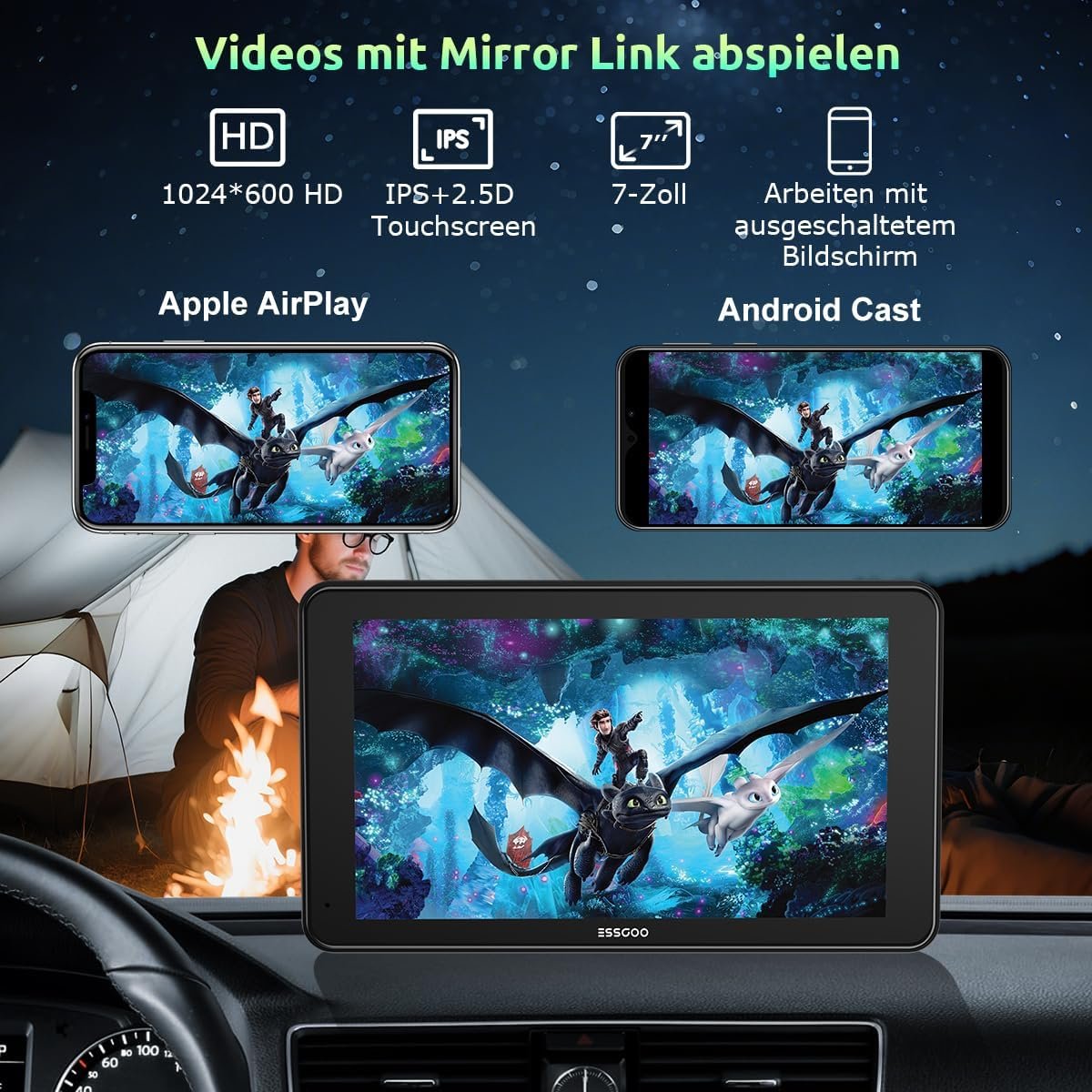 Автомагнітола ESSGOO 743CP / 7" / Сенсорная / Apple CarPlay / Android Auto / GPS / Bluetooth / AUX / USB, фото №2