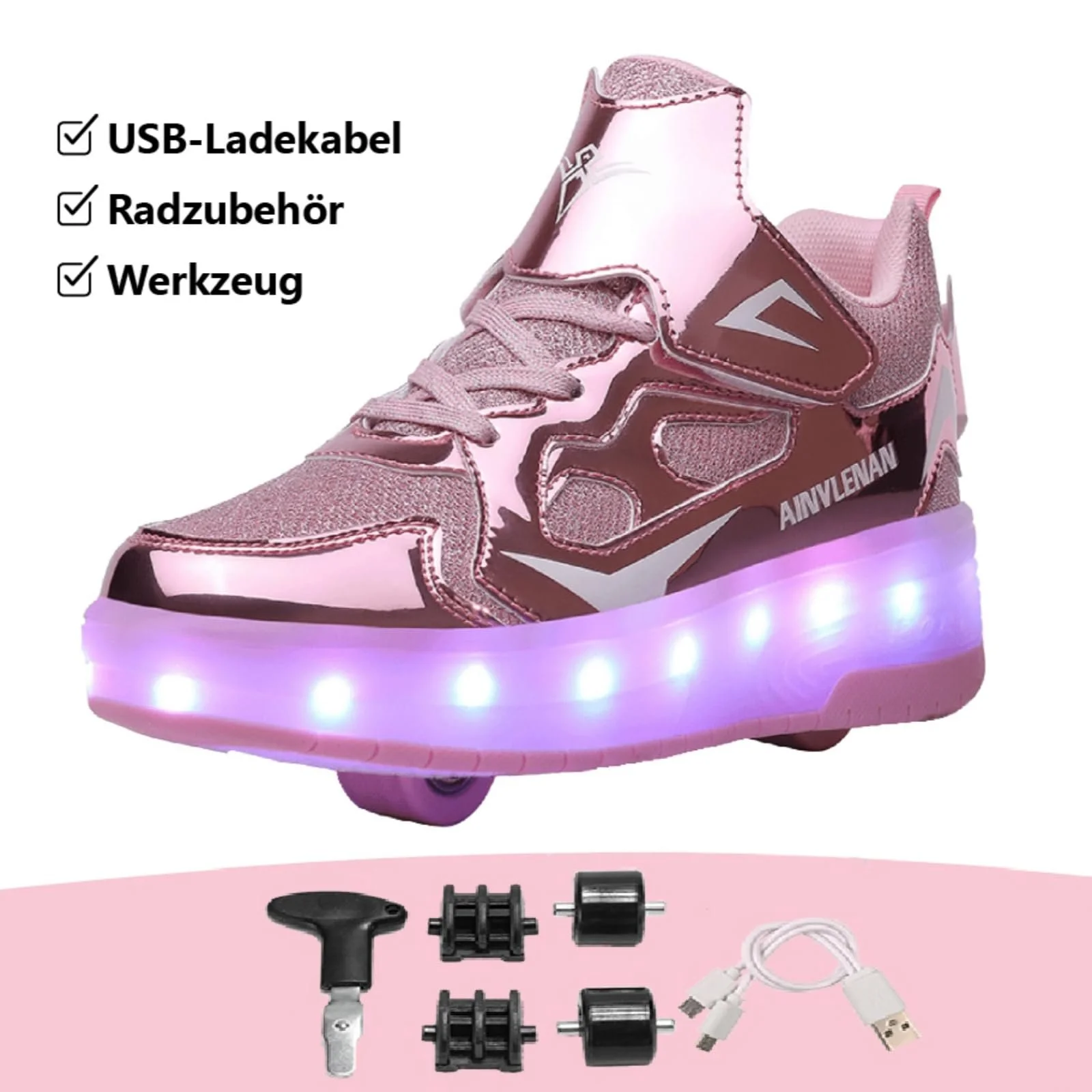 Кроссовки на колесиках HUSKSWARE Детские LED 2 Колеса USB Перезаряжаемые Меняющие цвет Черный Розовый Золотой Серебряный Белый Размер 28-41 EU, фото №6