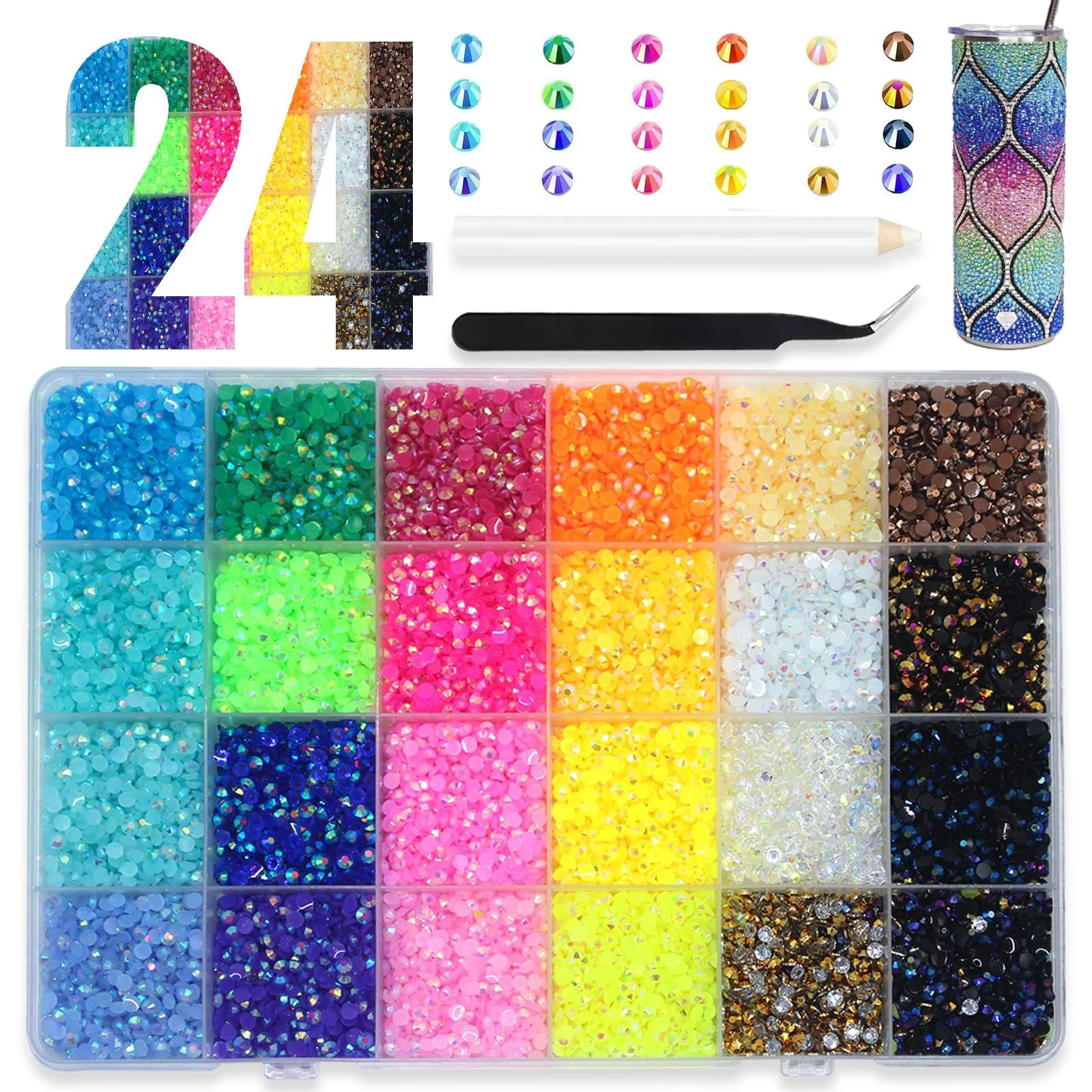 Стразы для ногтей 24 цвета 4 мм круглые с пинцетом и ручкой для нанесения, 19600 шт, фото №1