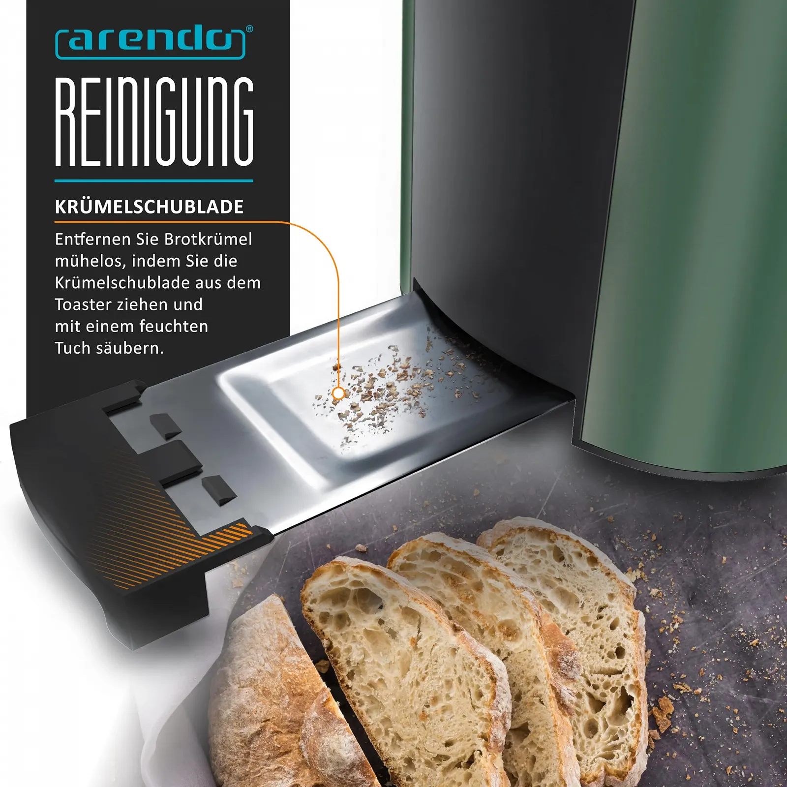 Тостер Arendo Frukost 4 скибки Нержавіюча сталь з довгим слотом Функція розморожування 1500 Вт, фото №5