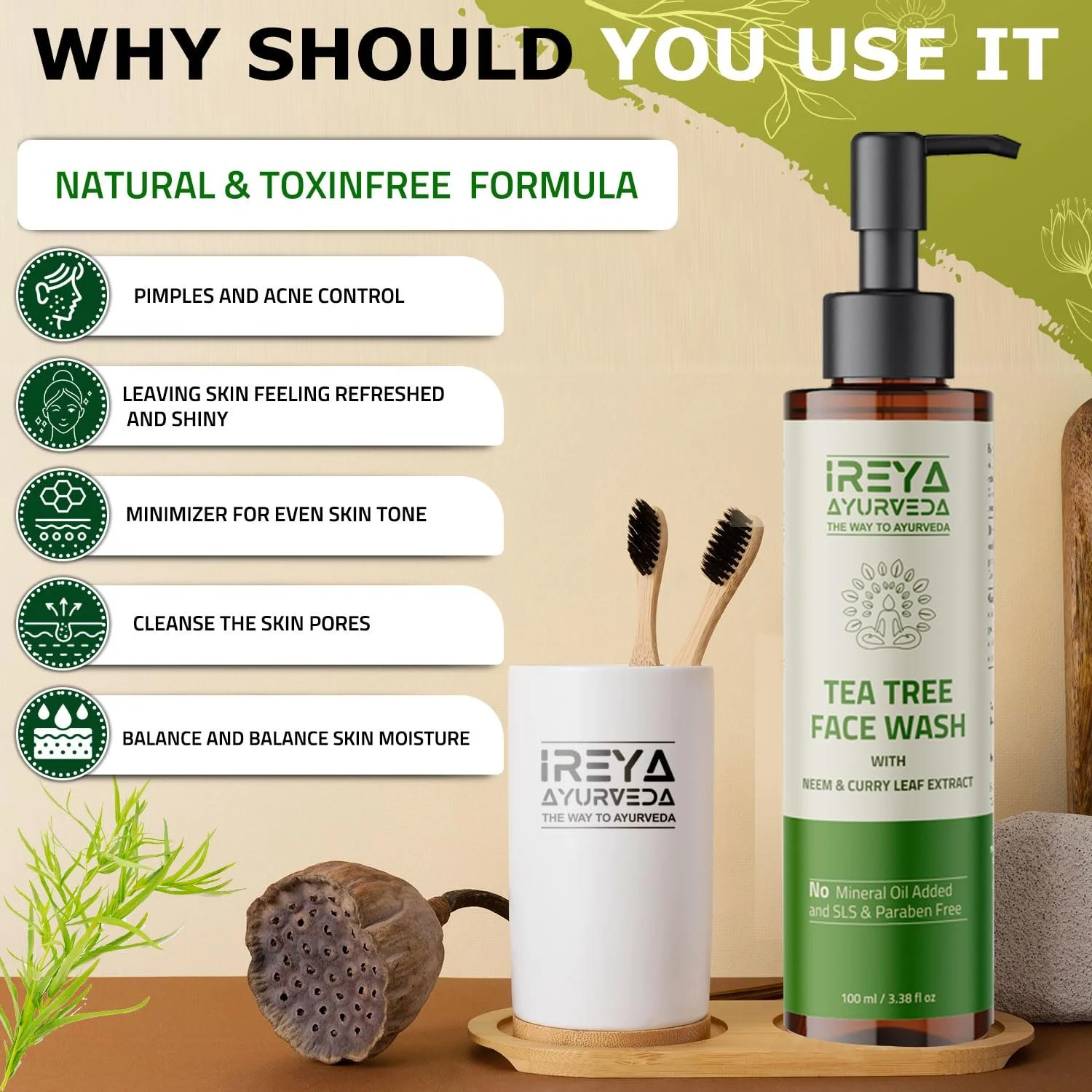 Очисник для обличчя Tea Tree 100 мл з екстрактом німу та олією чайного дерева, зволожуючий засіб для вмивання для чоловіків і жінок, м’який щоденний засіб, фото №5