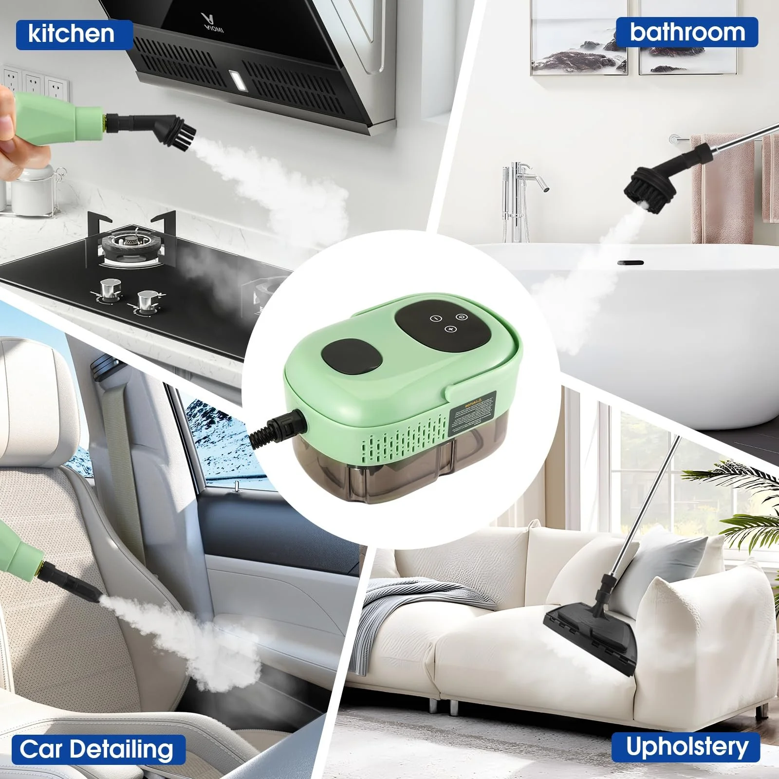 Пароочисник портативний 2500 Вт 1100 мл з 3 насадками-щітками Зелений, фото №6