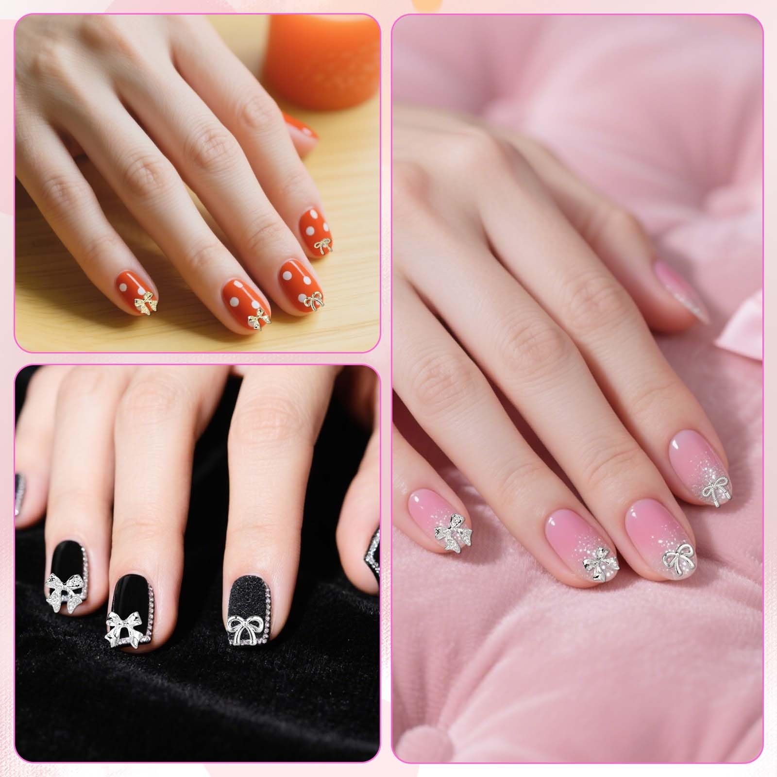 Аксесуари для нігтів Бантики 135шт Металеві прикраси у формі бантиків 5 видів Золотий, біле золото та срібний, фото №4