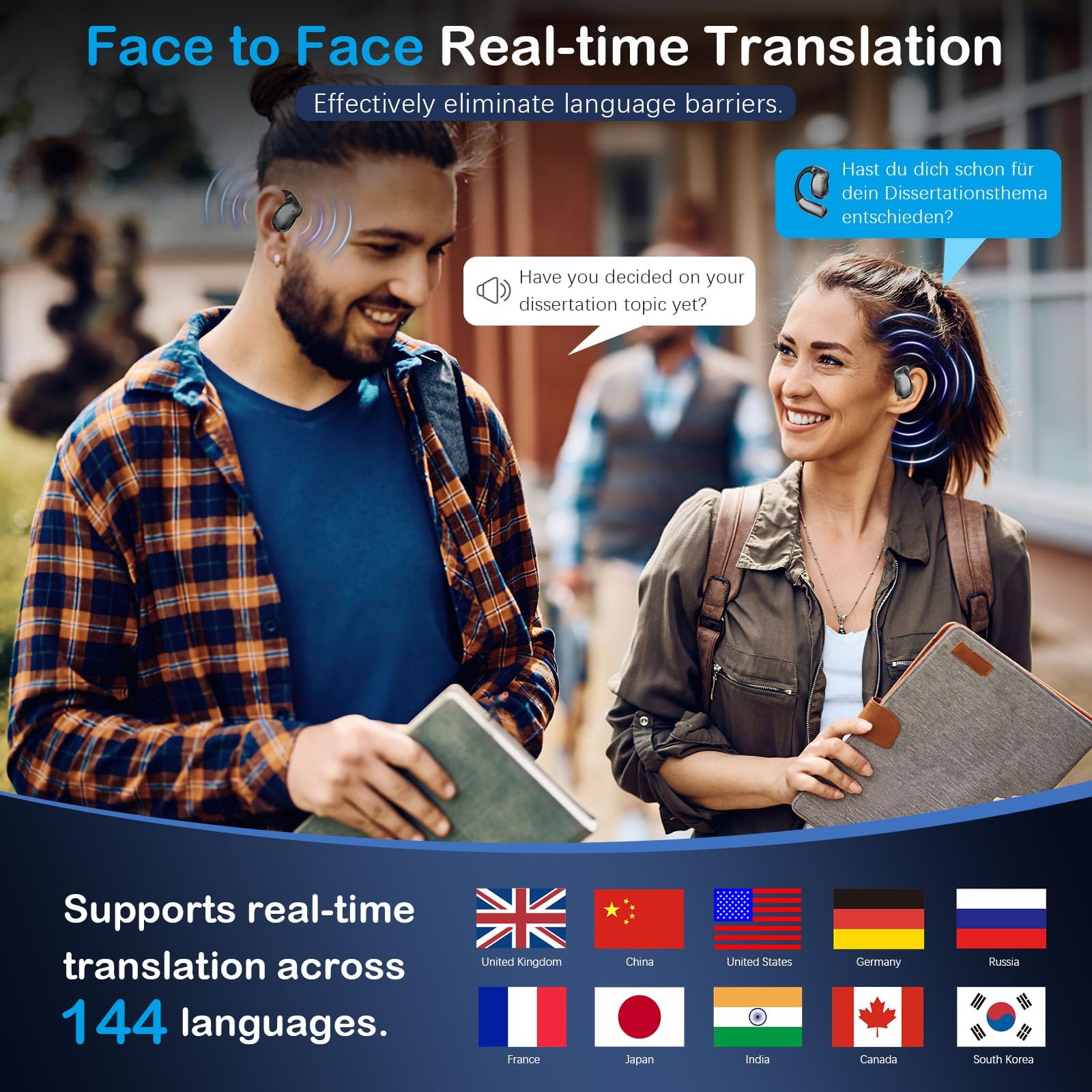 Навушники-перекладачі з сенсорним РК-екраном, AI 144 мовами в реальному часі, бездротові, фото №2