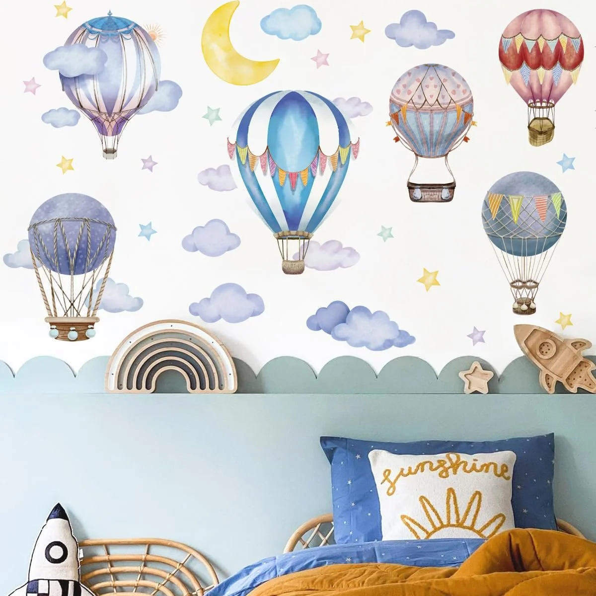 Наклейка на стіну Runtoo Hot Air Balloon великі барвисті місяць зірки хмари, фото №3