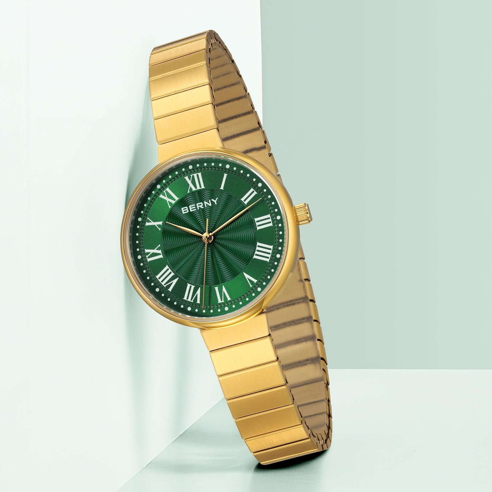 Женские наручные часы BERNY Золотые Винтажные часы для женщин Аналоговые кварцевые часы с полностью нержавеющим расширяющимся браслетом 3ATM Водонепроницаемые с римскими цифрами, фото №8 Женские наручные часы BERNY Золотые Винтажные часы для женщин Аналоговые кварцевые часы с полностью нержавеющим расширяющимся браслетом 3ATM Водонепроницаемые с римскими цифрами, фото №8