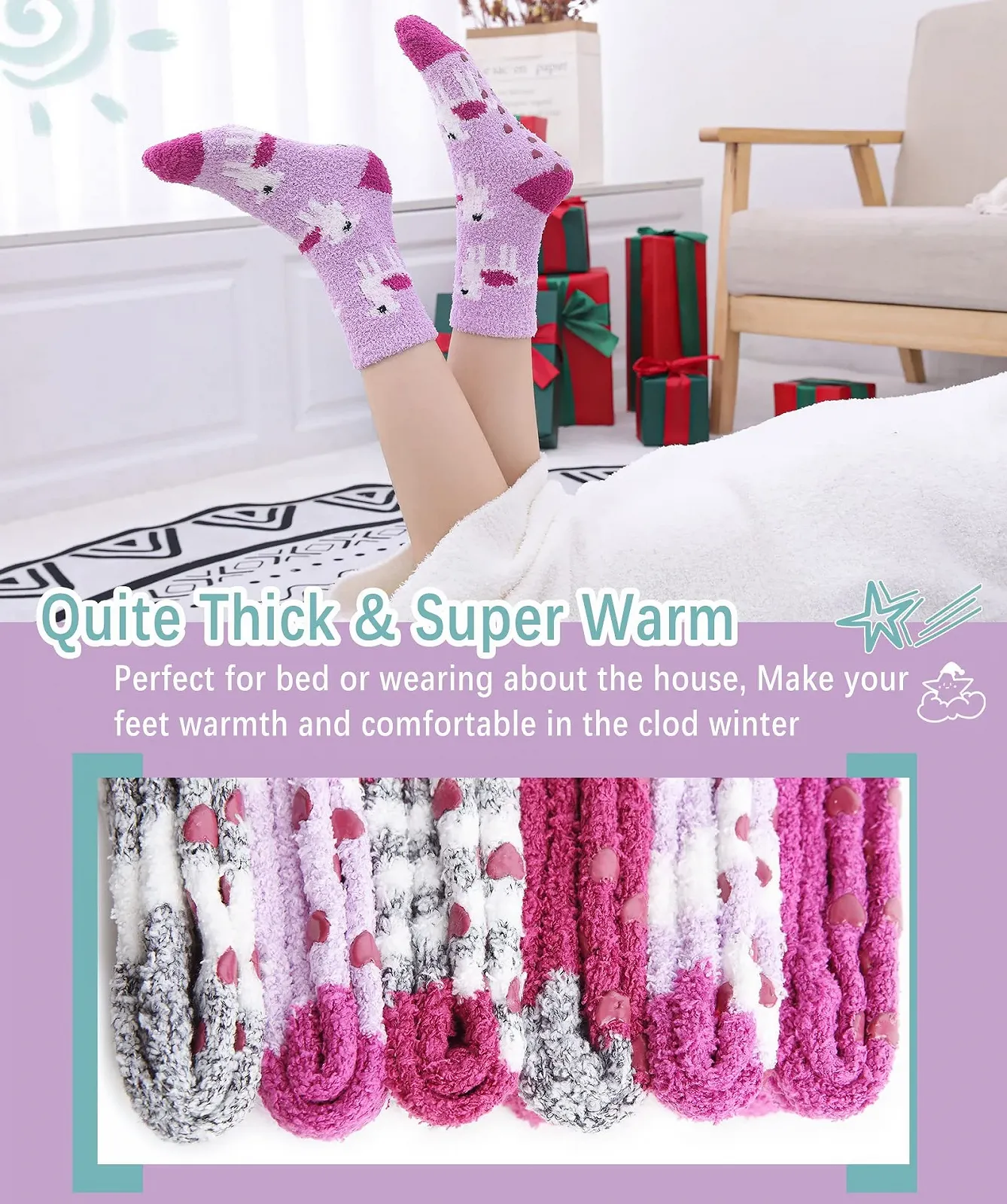 Носки Cuddly Stopper Женские Пушистые Зимние Носки Теплые Носки-тапочки Носки для кровати Домашние Носки, 6 пар фиолетовые, Универсальный размер, фото №5