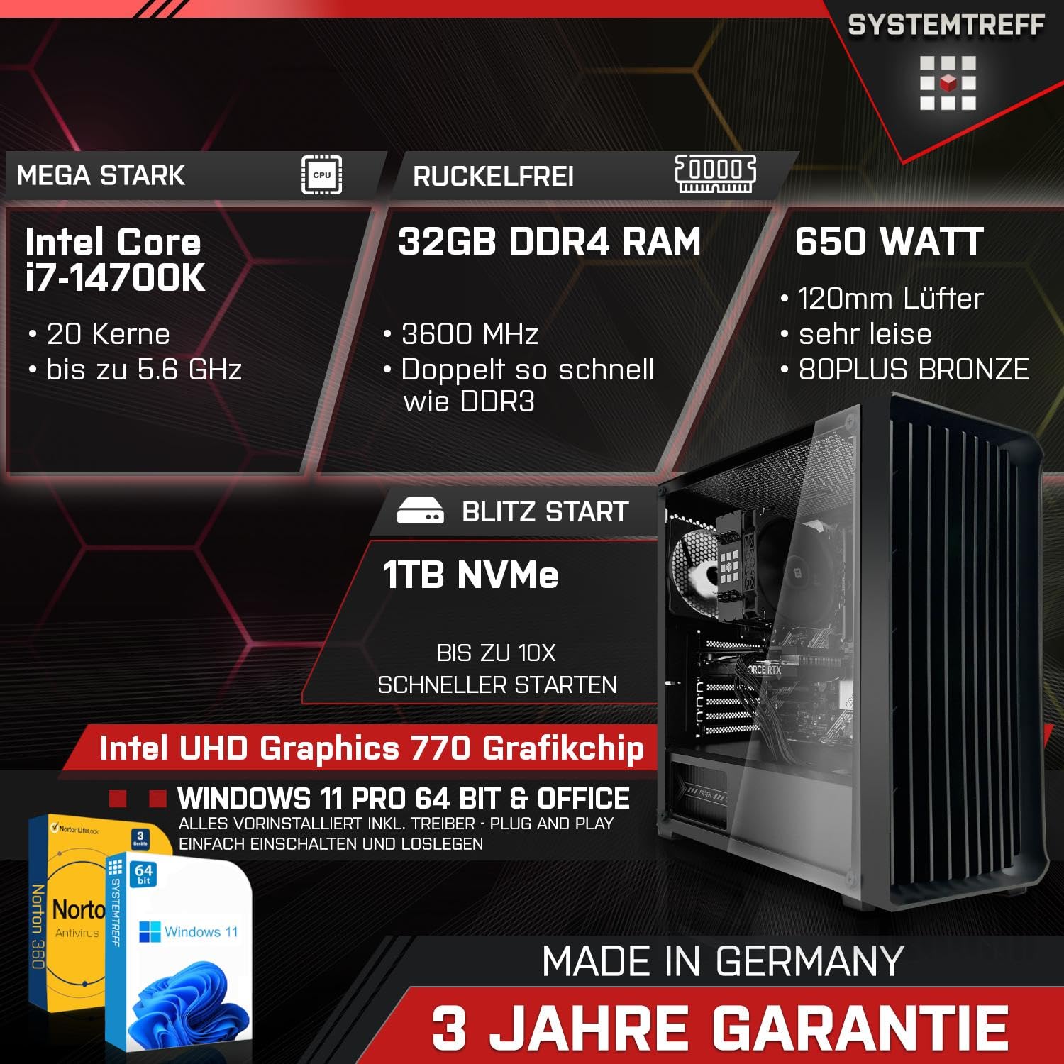 Комплект Компьютер Systemtreff Office Intel Core i7-14700K 20x5.6GHz UHD 770 4K HDMI DX12 1TB M.2 NVMe 32GB DDR4 RAM WLAN Silent Desktop Package, фото №2
