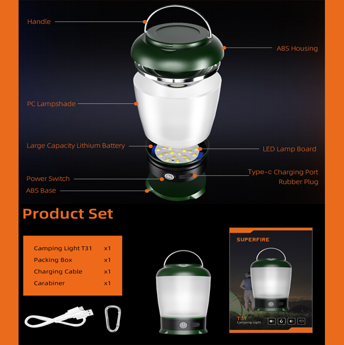 Фонарь для кемпинга аккумуляторный T31 SuperFire 200 Lumen IP44, фото №5 Фонарь для кемпинга аккумуляторный T31 SuperFire 200 Lumen IP44, фото №5