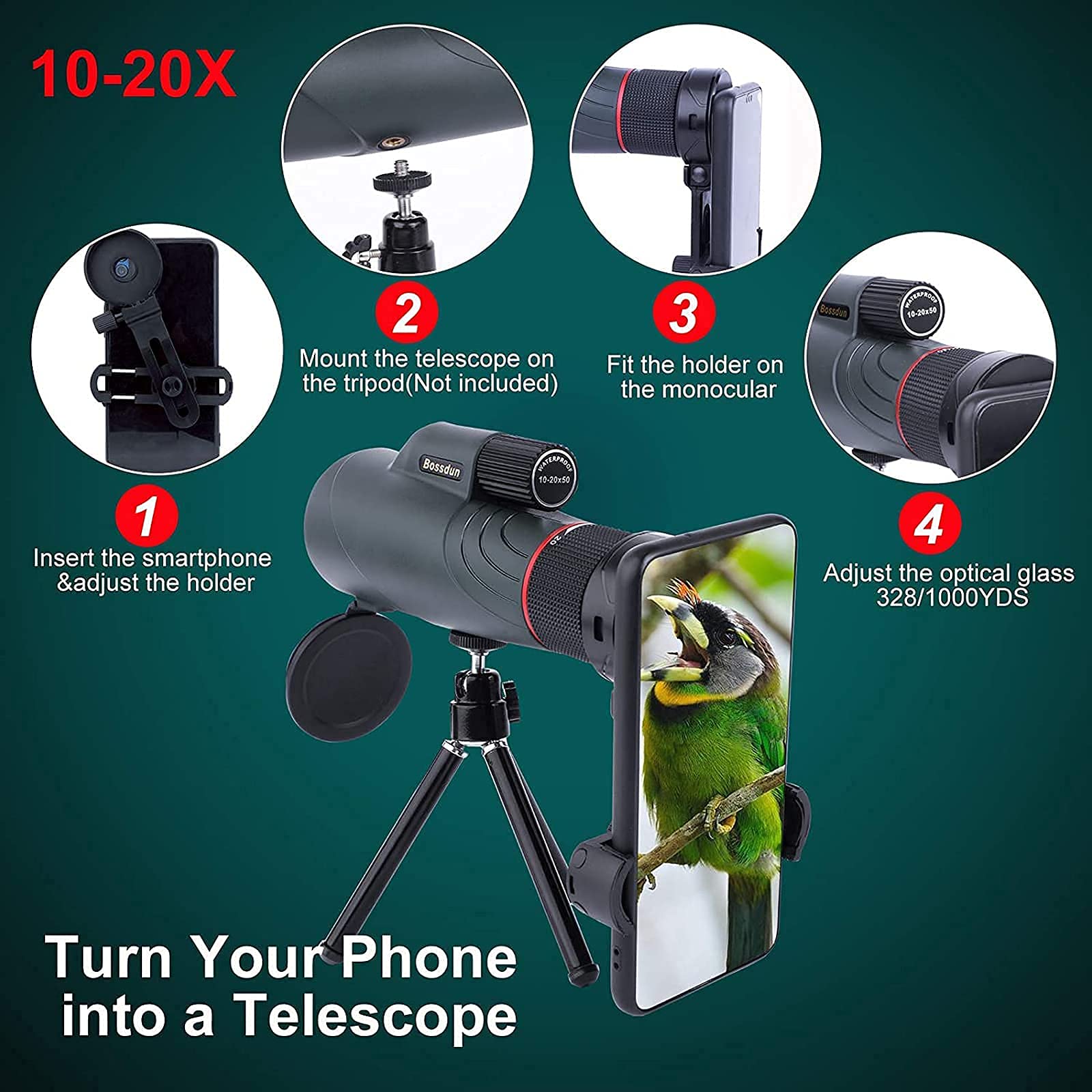 Монокуляр Telescop 10-20x50 Компактный Зум с призмой BAK4, FMC Линза, фото №2