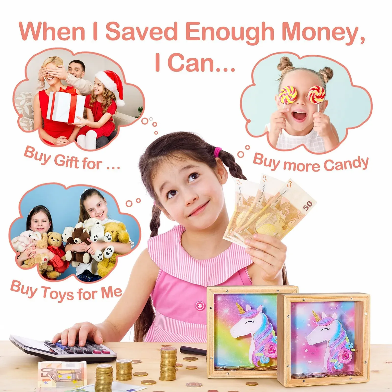 Скарбничка Beinou Єдиноріг дерев'яна з акрилом та наклейками-літерами, фото №3