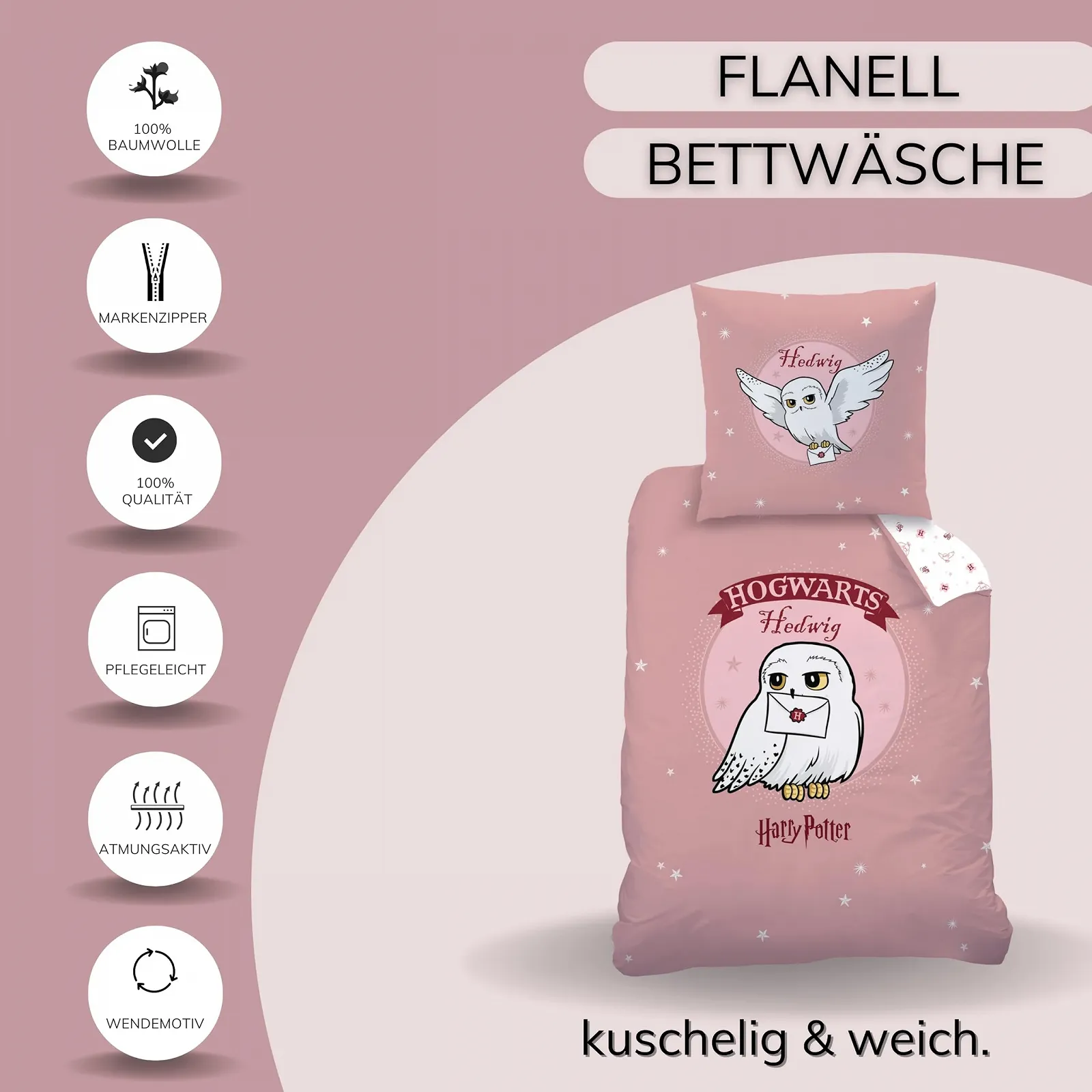 Постельное белье детское Harry Potter Hogwarts Owl Hedwig 135 x 200 см фланель 100% хлопок Розовая, фото №3