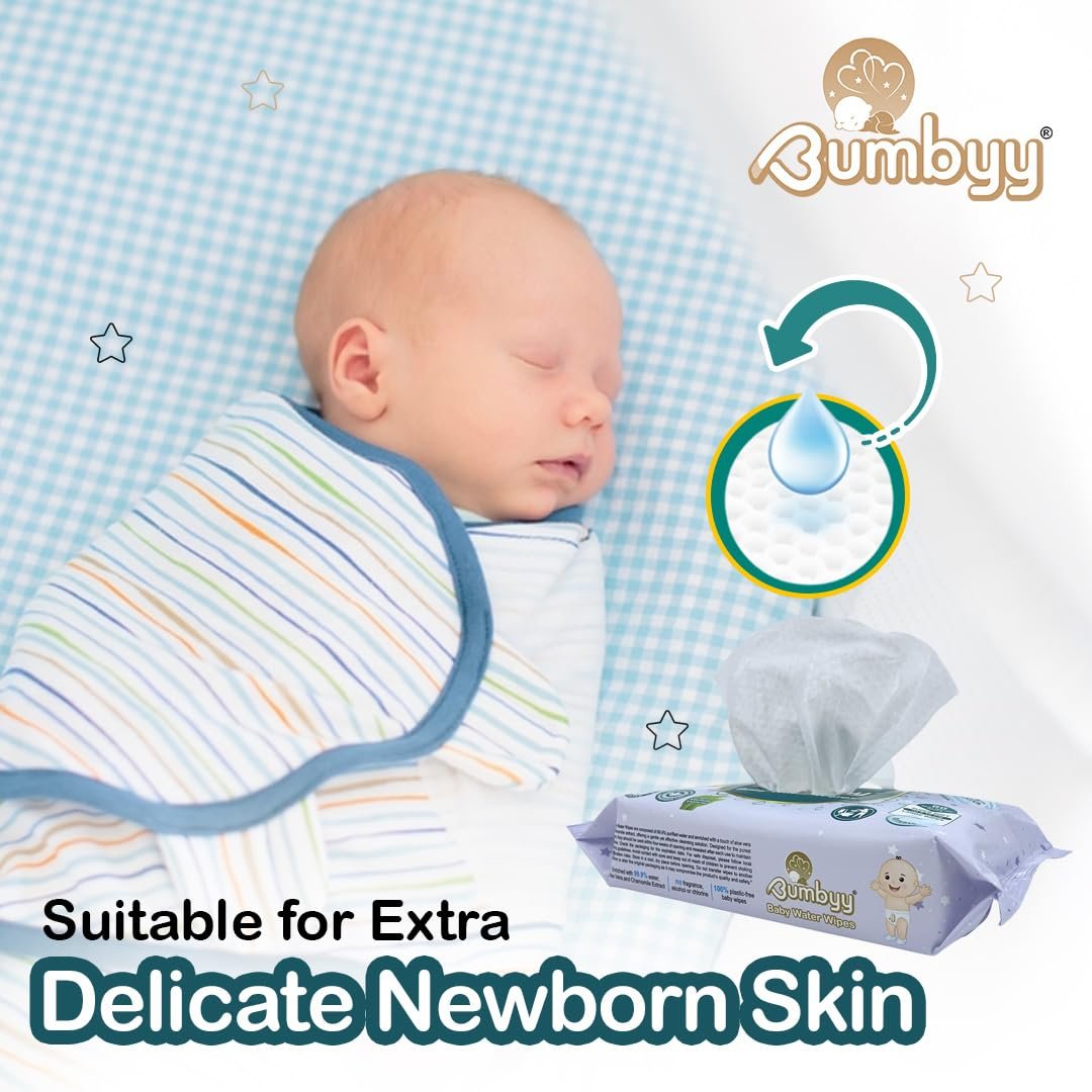 Вологі серветки Bumbyy Baby Water 240 штук (4 упаковки) з 99,9% вмістом води, без запаху, з екстрактом алое вера та ромашки, 100% на рослинній основі, без спирту, фото №3