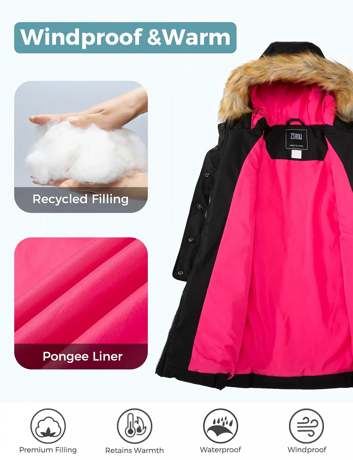 Пухова зимова тепла куртка для дівчат ZSHOW, водовідштовхувальна, фото №2