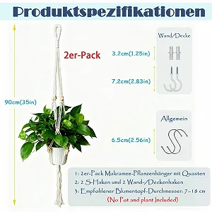 Подвесное кашпо макраме 2 шт. Хлопковый держатель для растений в стиле бохо с кисточками и крючками 90 см Белый synthetic.ua - Фото 1