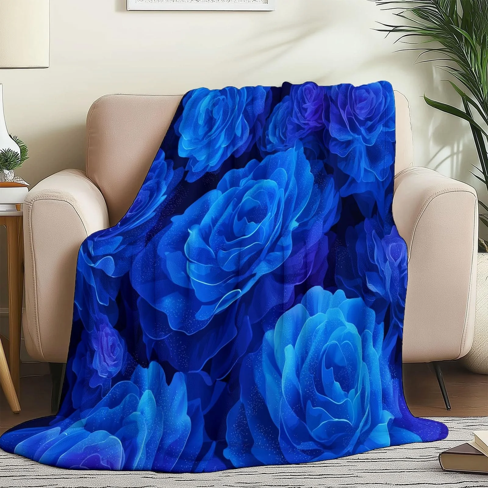 Фланелевое одеяло 150 x 200 см, Тема синих роз, Темно-синее, фото №3