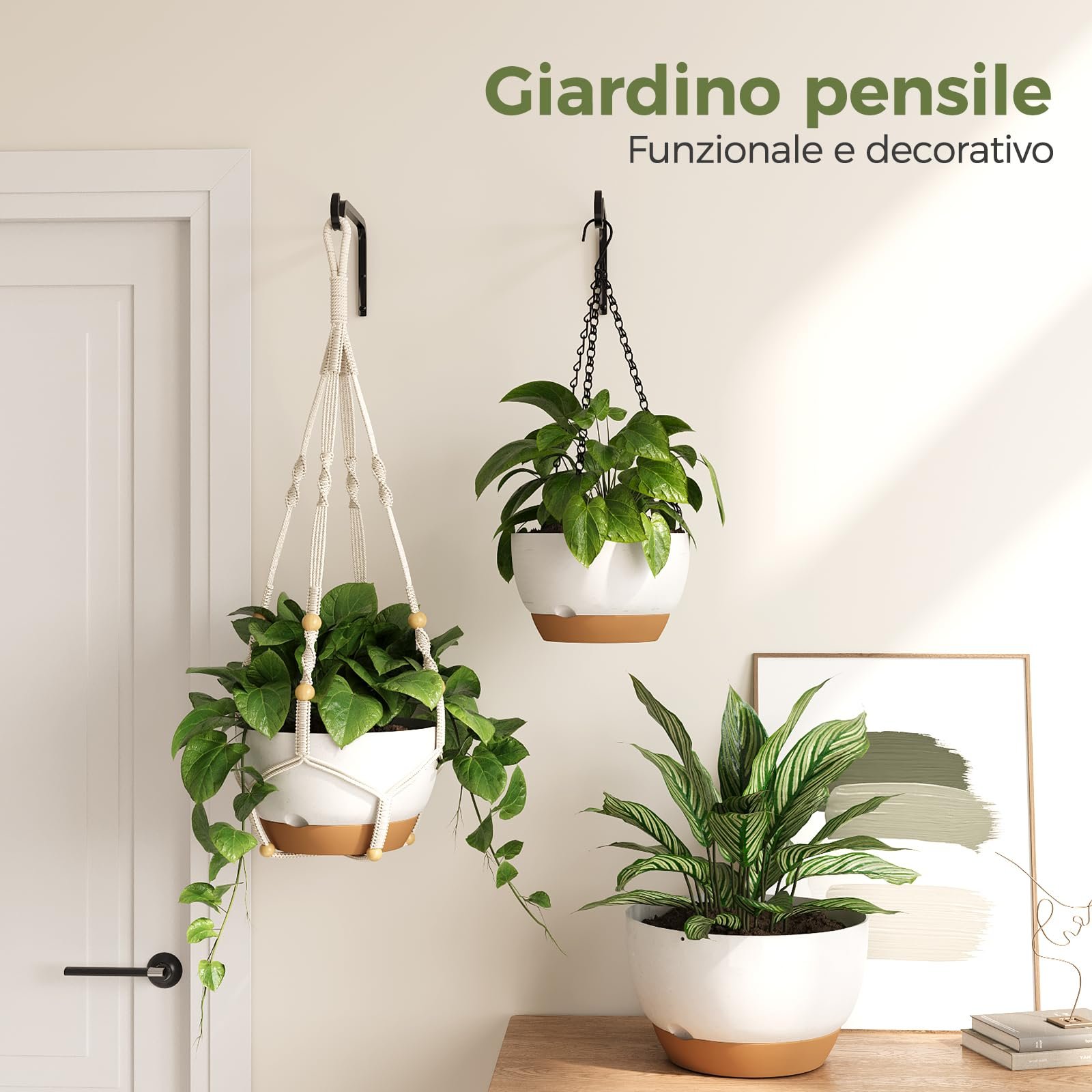 Набір кашпо підвісних Bamworld макраме з автополивом 3 шт. 28/23/20 см білий, фото №6