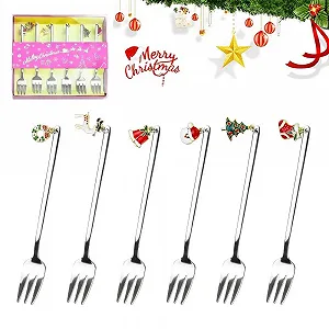 Набор из 6 десертных вилок из нержавеющей стали Рождественские вилки для торта Рождественская вилка для торта Фруктовые салатные вилки Рождественские столовые приборы для украшения праздничного стола Можно мыть в посудомоечной машине - Фото 1