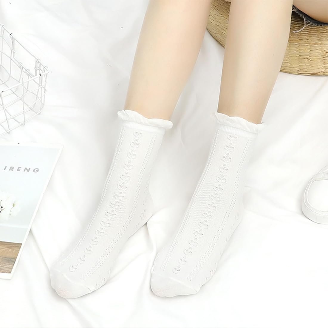 Шкарпетки з рюшами White - Бавовняні мереживні шкарпетки з ажурним візерунком, фото №2