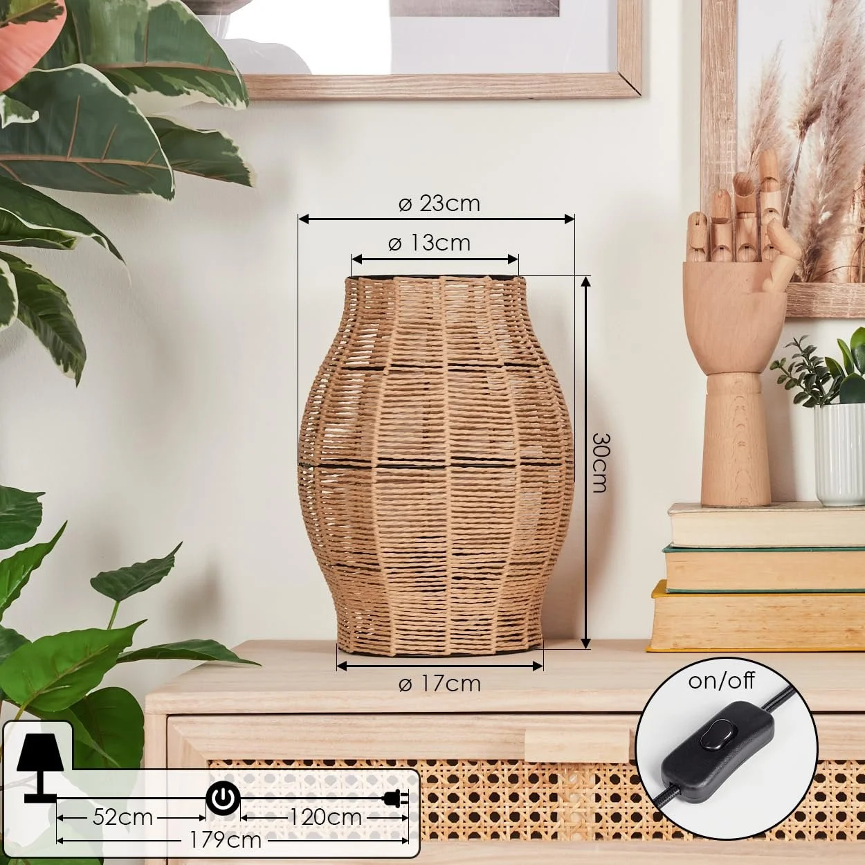 Настільна лампа HOFSTEIN Cardeira метал / рафія 30 см E27 Чорний/Натуральний, фото №4