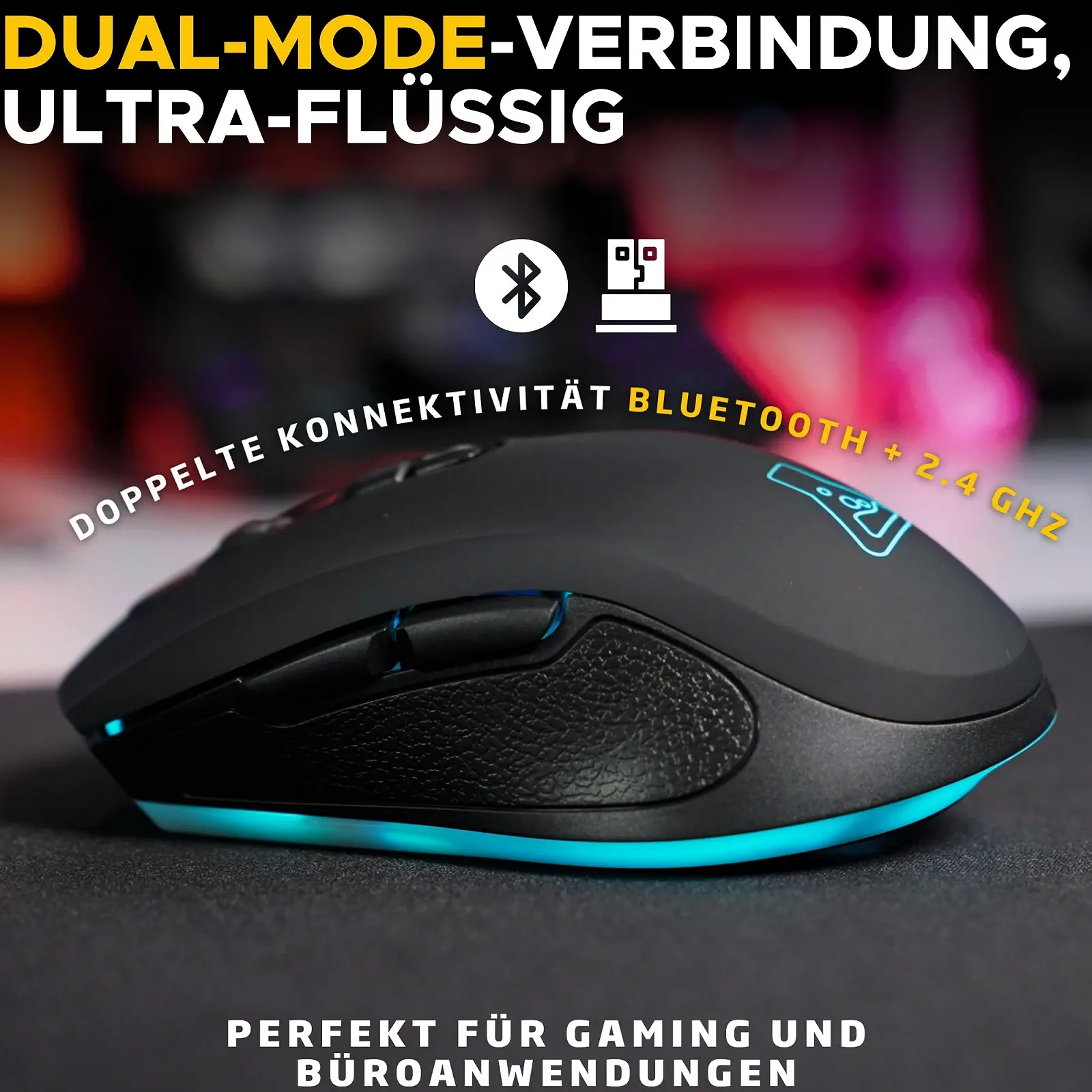 Мышь THE G-LAB Kult Krypton Беспроводная Игровая 6400 DPI Bluetooth & 2.4 GHz RGB Аккумулятор 7 Кнопок Легкая Двусторонняя Черный, фото №3