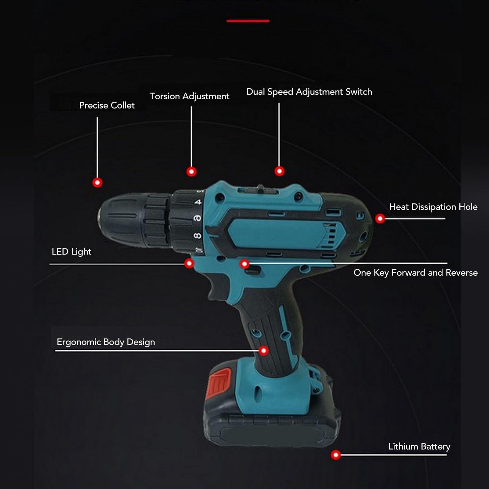 Аккумуляторная дрель Telituny Cordless Drill 2-Speed 3/8 24 UNF Keyless Drill Chuck с 2 батареями AC100-240V (ЕС Вилка), фото №3
