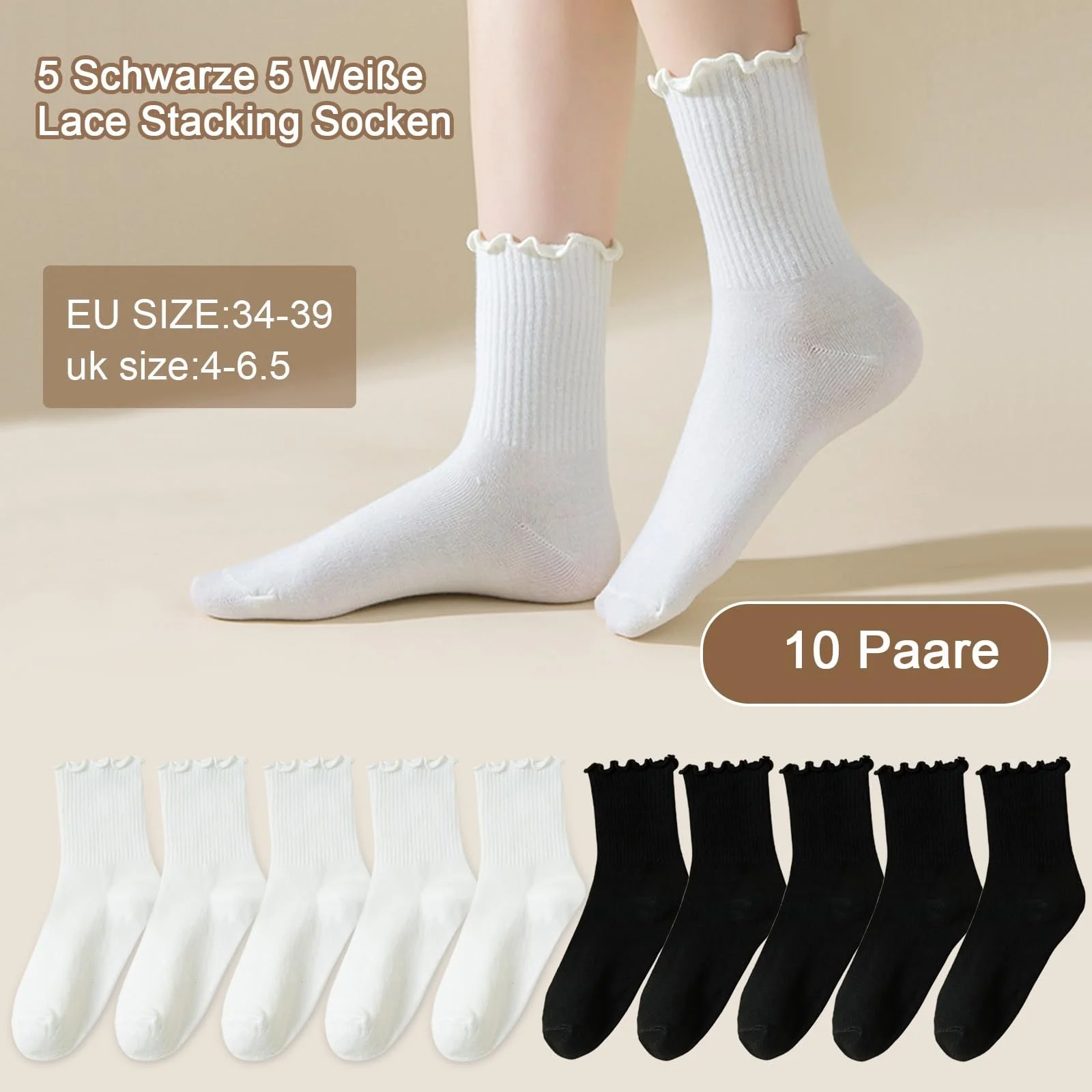 Носки с рюшами Женские Белый / Черный, фото №2