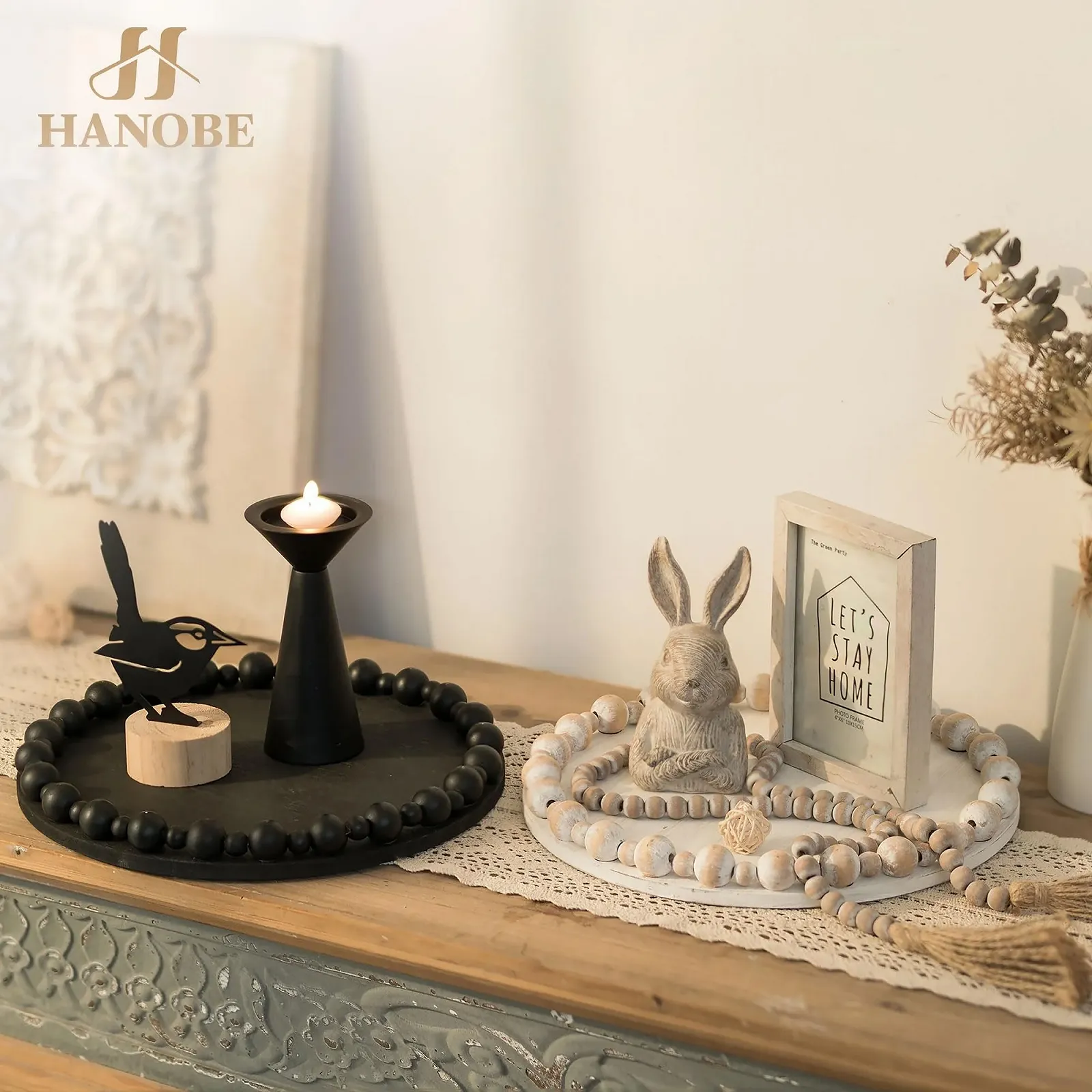 Круглый декоративный поднос Hanobe Деревянный, с искусственным жемчужным краем, фото №4