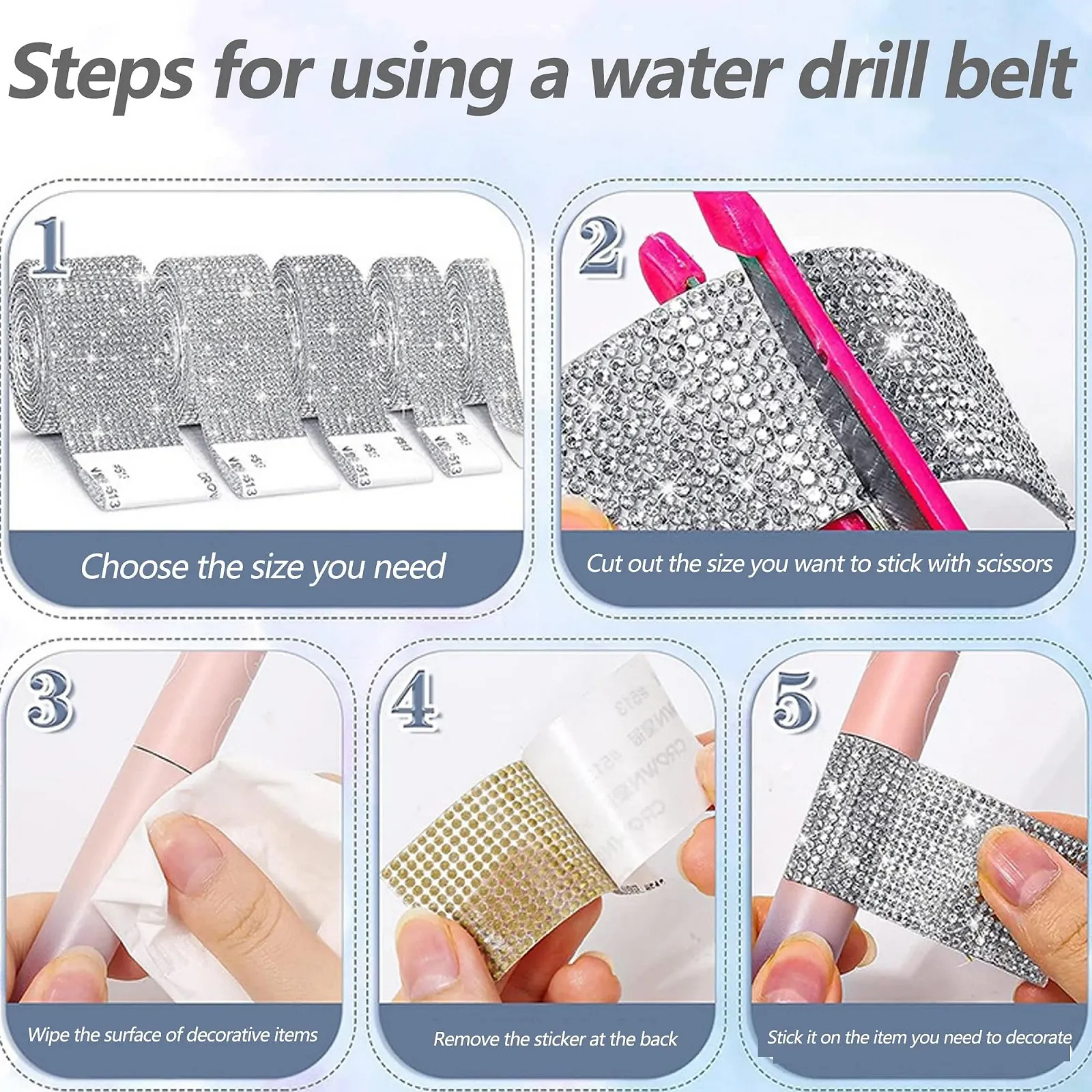 Самоклеюча стрічка зі стразами Кристал Діамант 9 мм, 12 рулонів, різні кольори, фото №3