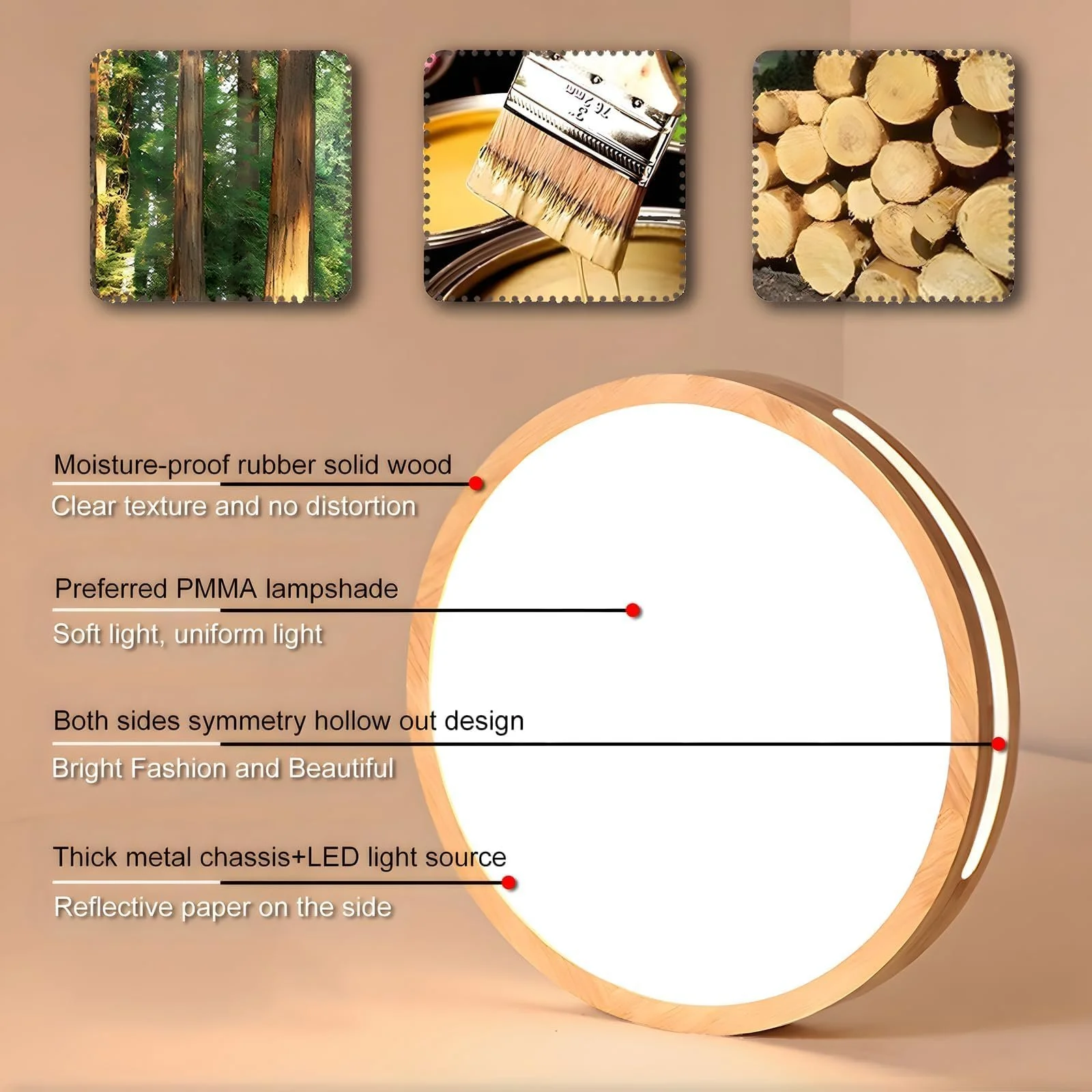 Світильник LED YYUTLUO Круглий Дерев'яний Нейтрально-білий 4500 K 1620 lm 18 Вт Діаметр 30 см, фото №5
