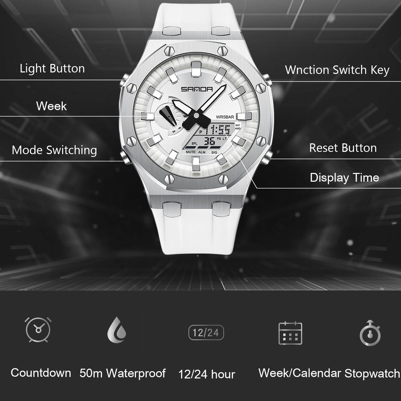 Часы rorios Fashion Для мужчин Электронные 5ATM Силиконовый ремешок Аналоговые Кварцевые Двойной дисплей, фото №3 Часы rorios Fashion Для мужчин Электронные 5ATM Силиконовый ремешок Аналоговые Кварцевые Двойной дисплей, фото №3