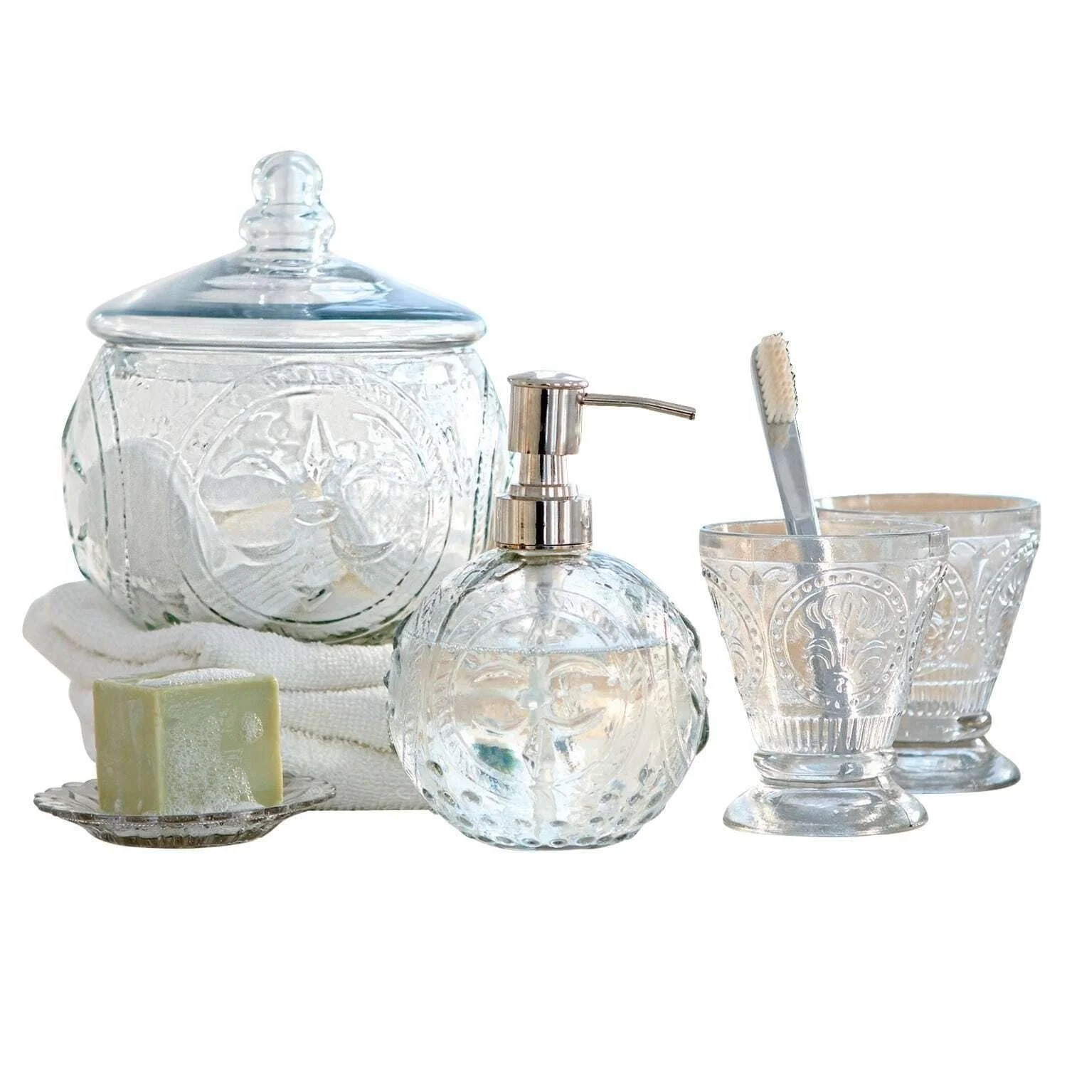 Набор для ванной комнаты Loberon Luton, два стакана для зубных щеток, дозатор для мыла, мыльница, прозрачный, фото №1 Набор для ванной комнаты Loberon Luton, два стакана для зубных щеток, дозатор для мыла, мыльница, прозрачный, фото №1