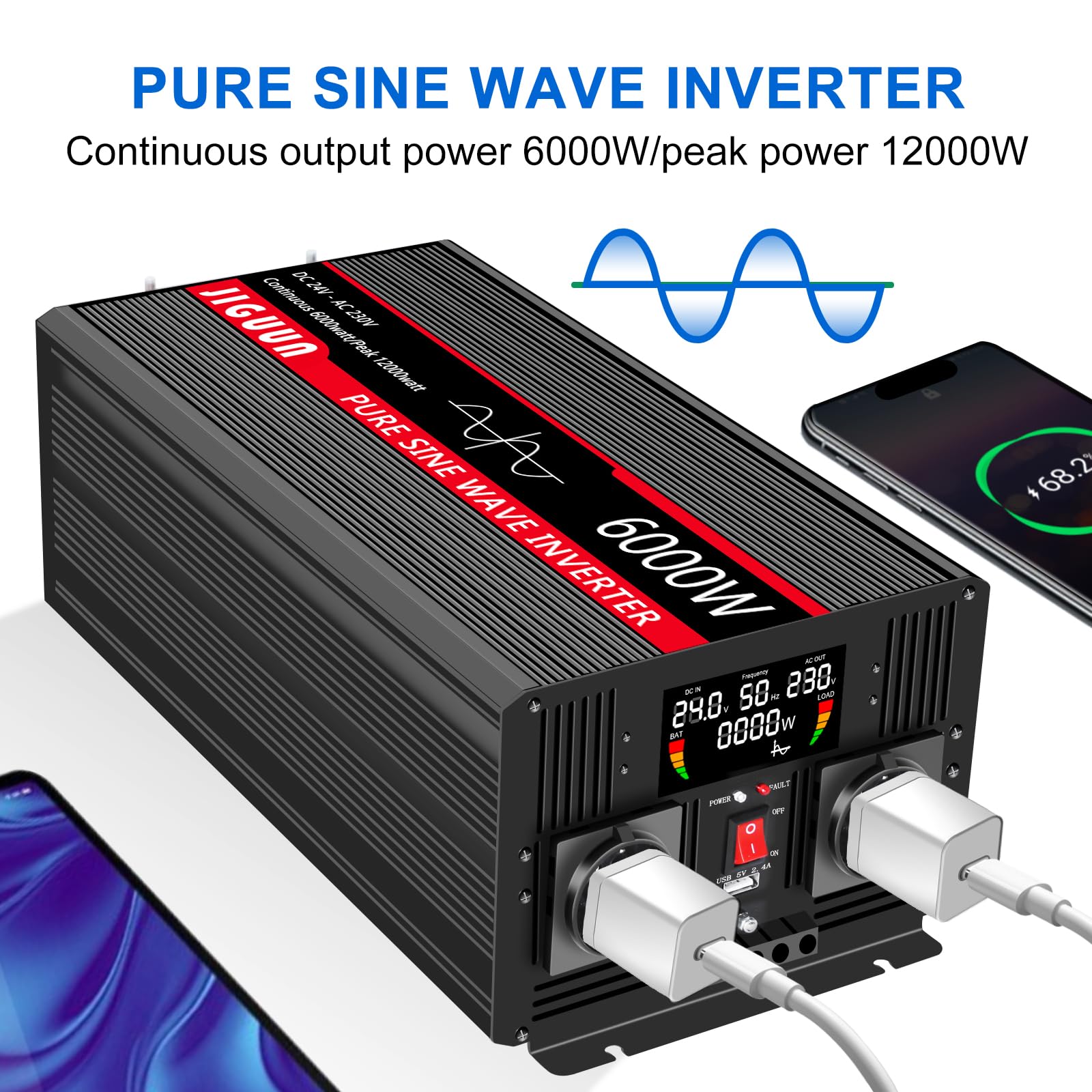 Інвертор JIGUUN Pure Sine Wave 6000 W 24 V 230 V з 2 EU розетками та USB виходом 2.4 A бездротовий пульт дистанційного керування та LCD дисплей пікова потужність 12000 W, фото №2