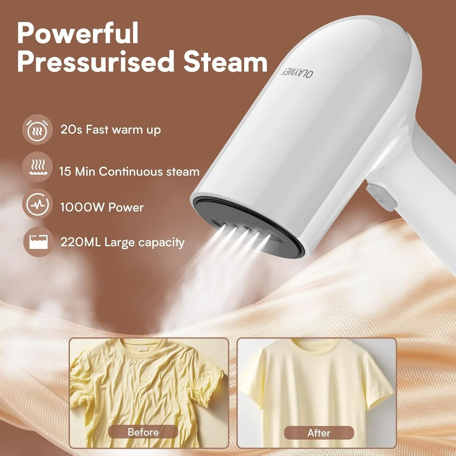 Отпариватель OLAYMEY T201 1000 W 30 г/мин 220 мл White, фото №4