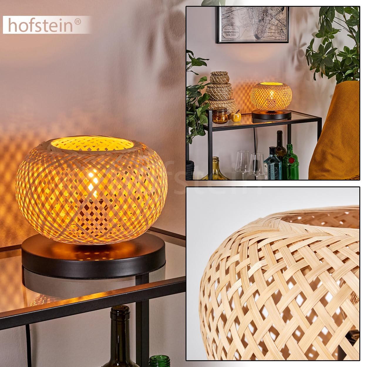 Настільна лампа Bauro Modern Boho Метал/Бамбук Ø 20 см Решітчастий дизайн Перемикач на кабелі 1 x E27 Без лампи Чорний/Натуральний, фото №2