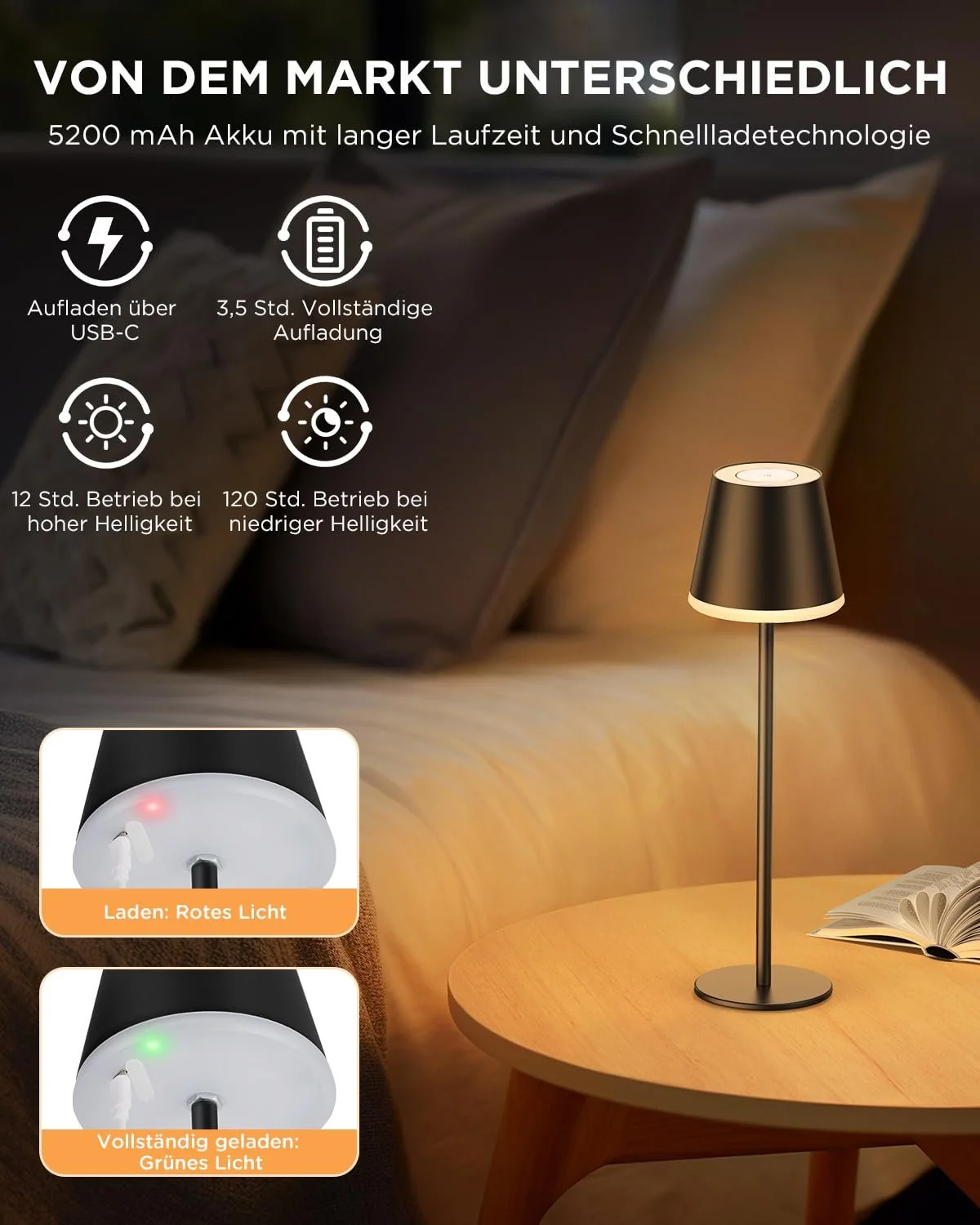 Світлодіодна настільна лампа VIWAVE акумуляторна USB 5200 mAh, регульована висота, RGB, IP54, алюмінієва, фото №4