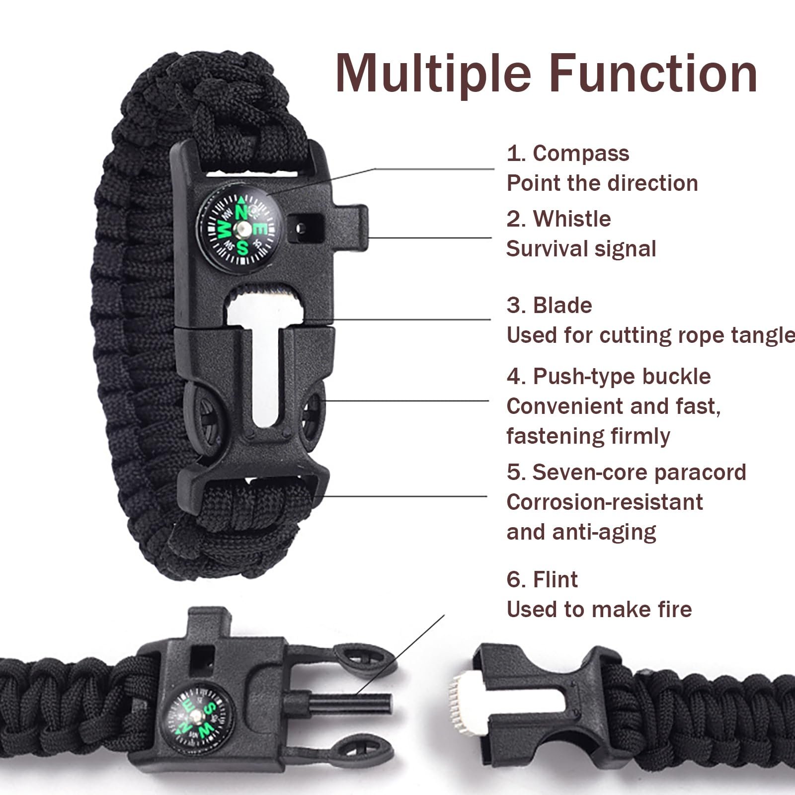 Браслет виживання Ryaupy Paracord 2 шт. Компас, свисток, кремінь і ніж. Чорний і камуфляж, фото №3