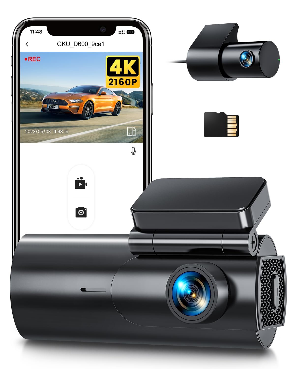 Відеореєстратор GKU 4K Dash Cam Car Front Rear, 5GHz WiFi GPS, Dual Dash Cam, 1.5 Inch IPS Mini Car Camera з картою SD 64GB, Parking Monitoring, Super Night Vision, WDR, 170 Wide Angle, G-Sensor, App Control, Max, фото №1