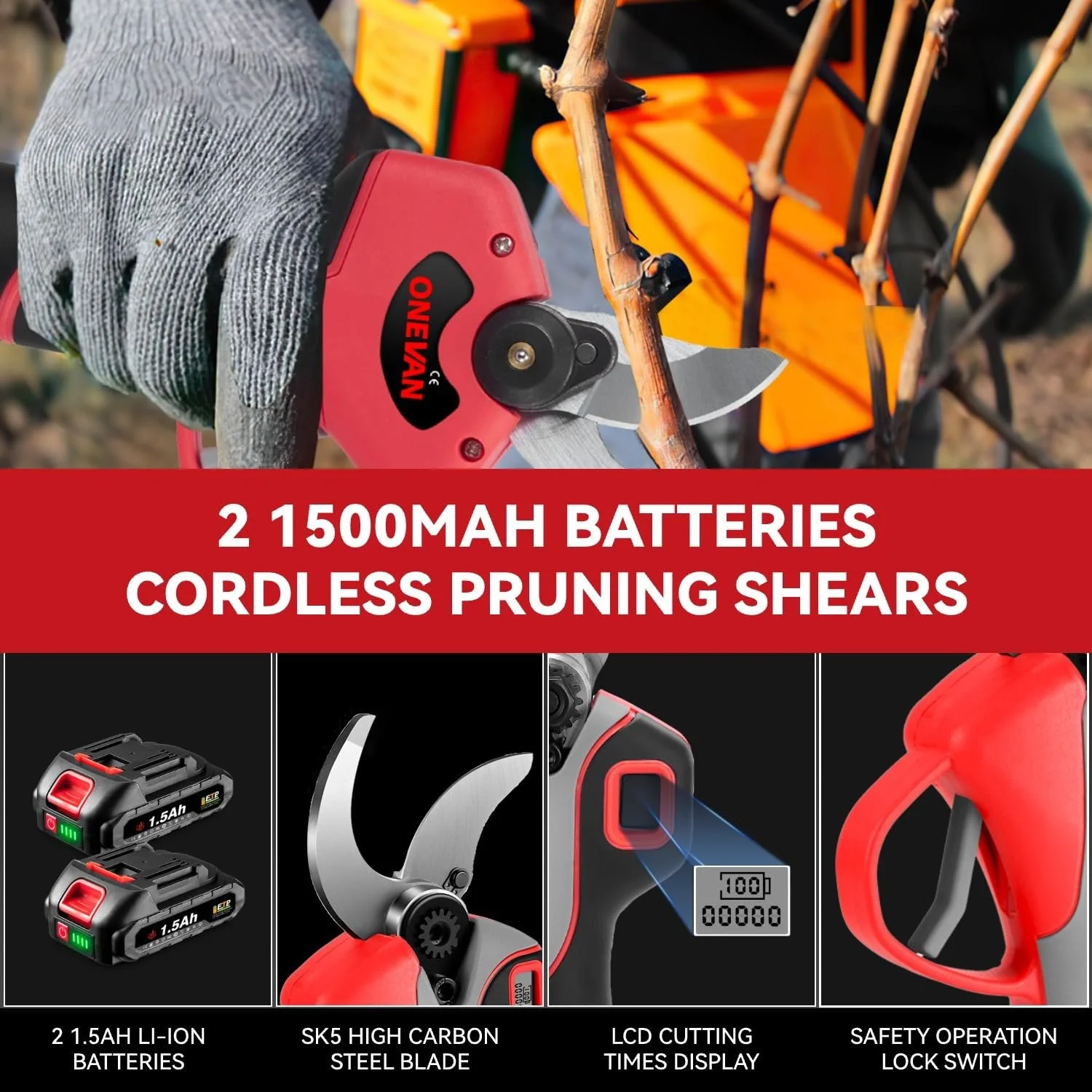 Сучкоріз акумуляторний ONEVAN, діаметр різу 30 мм, червоний (2 акумулятори), фото №4