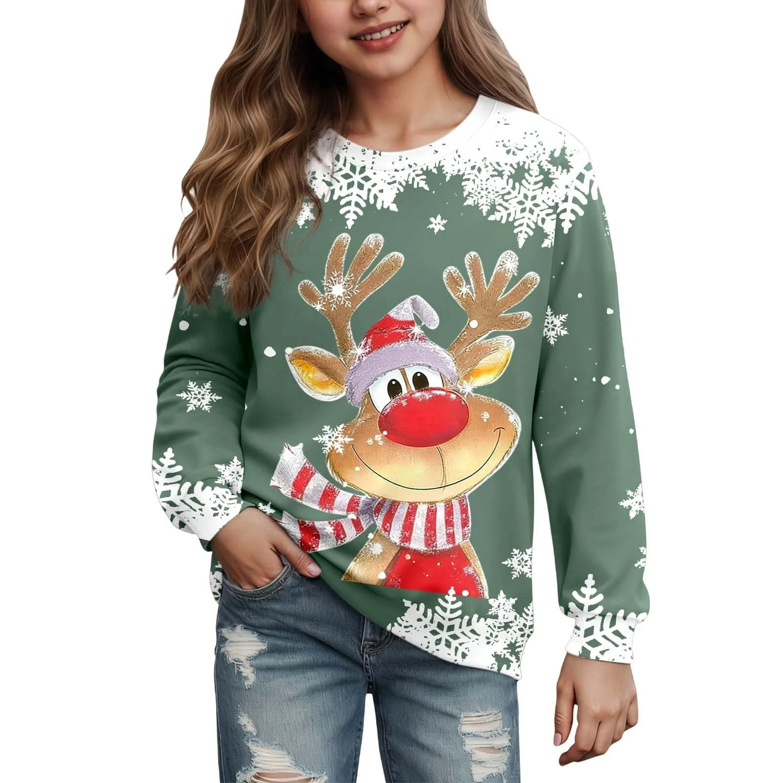 Дівчинка Светшот з різдвяним принтом оленя Generisch З круглим вирізом, фото №1