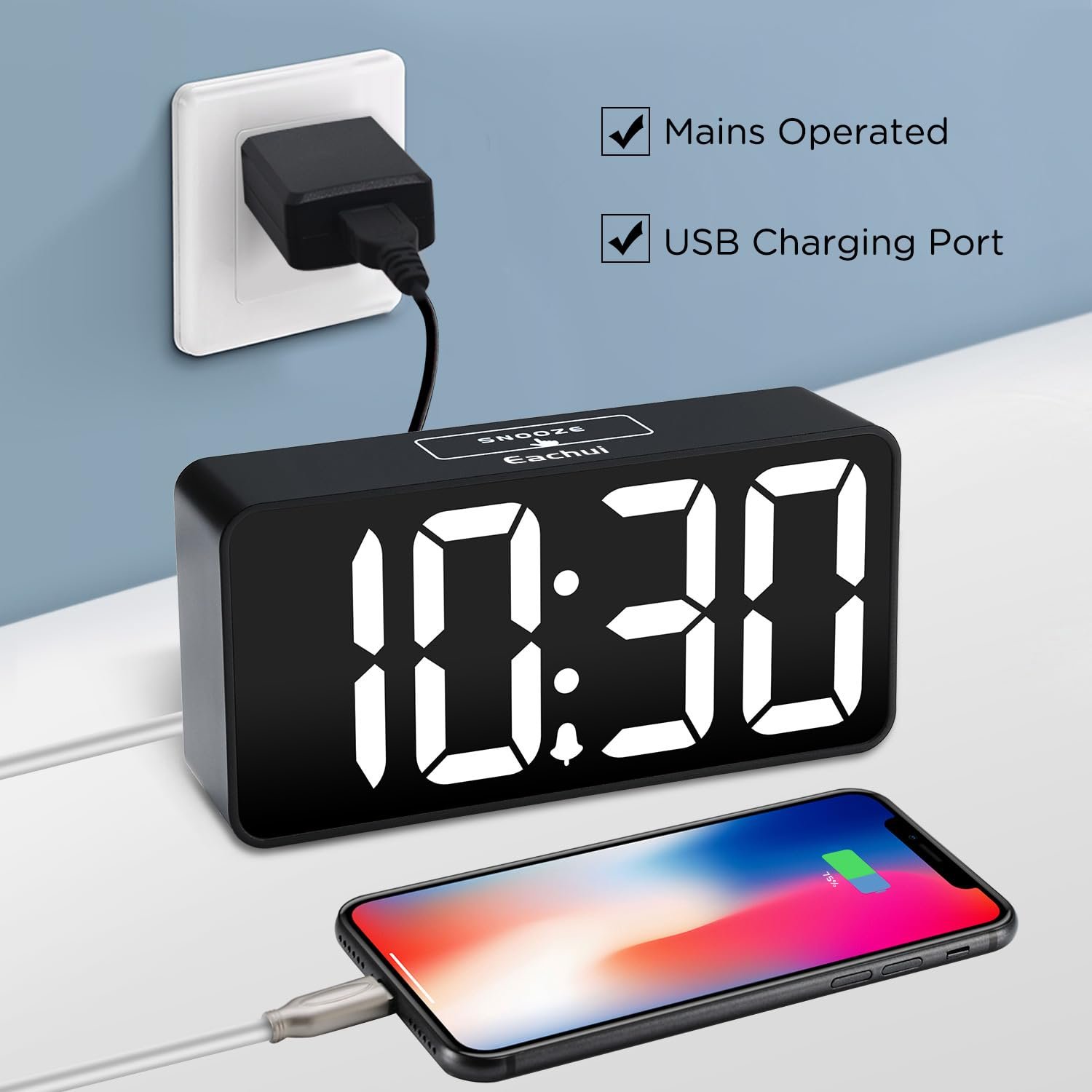 Цифровий годинник-будильник Eachui LED з USB портом для зарядки, регулюванням яскравості та гучності, фото №5